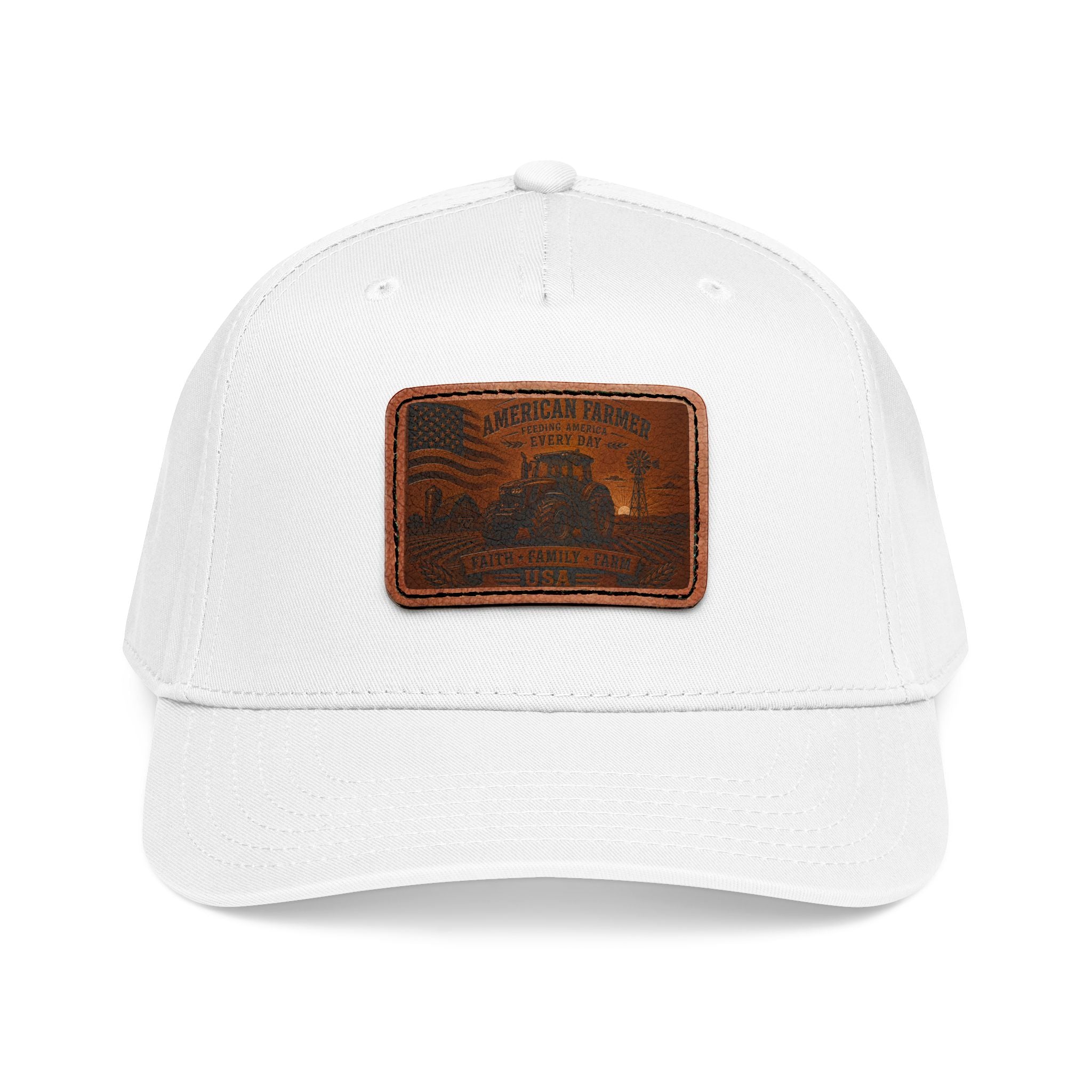 Leather patch baseball cap with white crown and white brim, featuring a stitched leather badge.