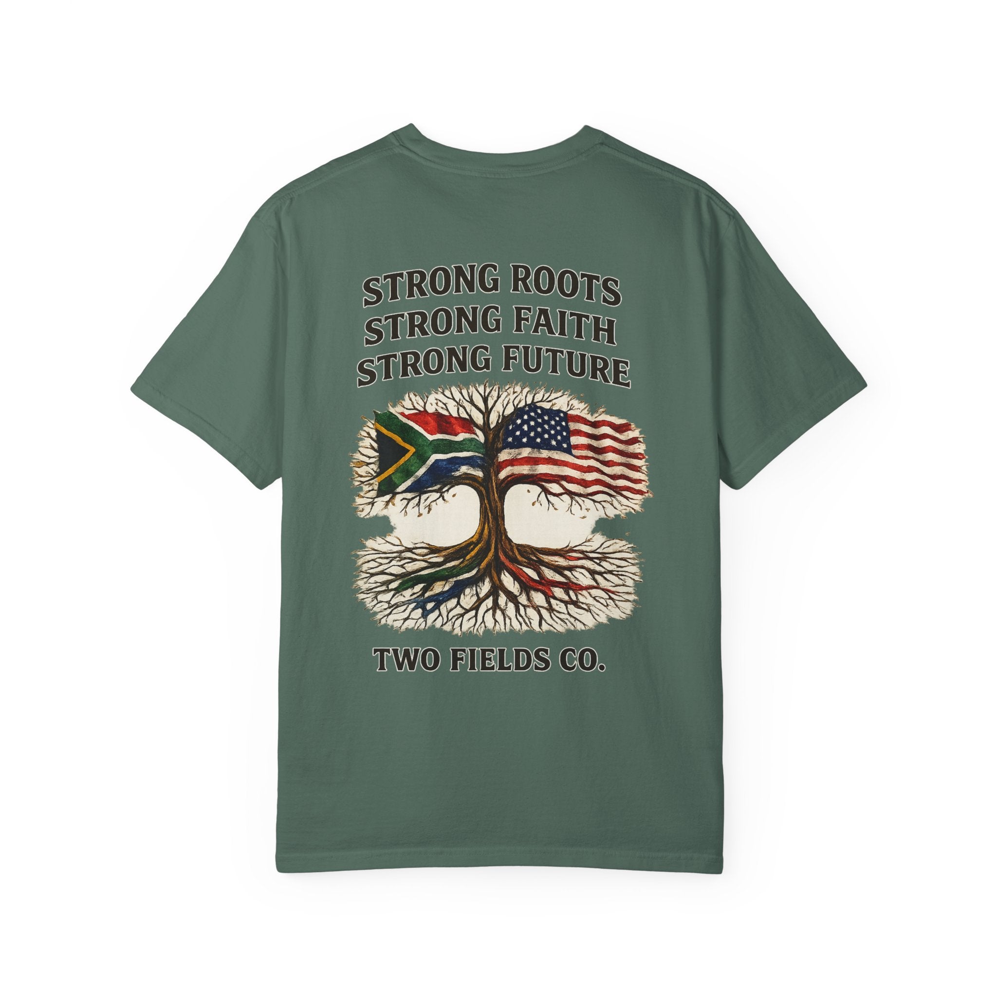 Olive graphic t-shirt front with two-flag tree illustration and 'Strong Roots' text