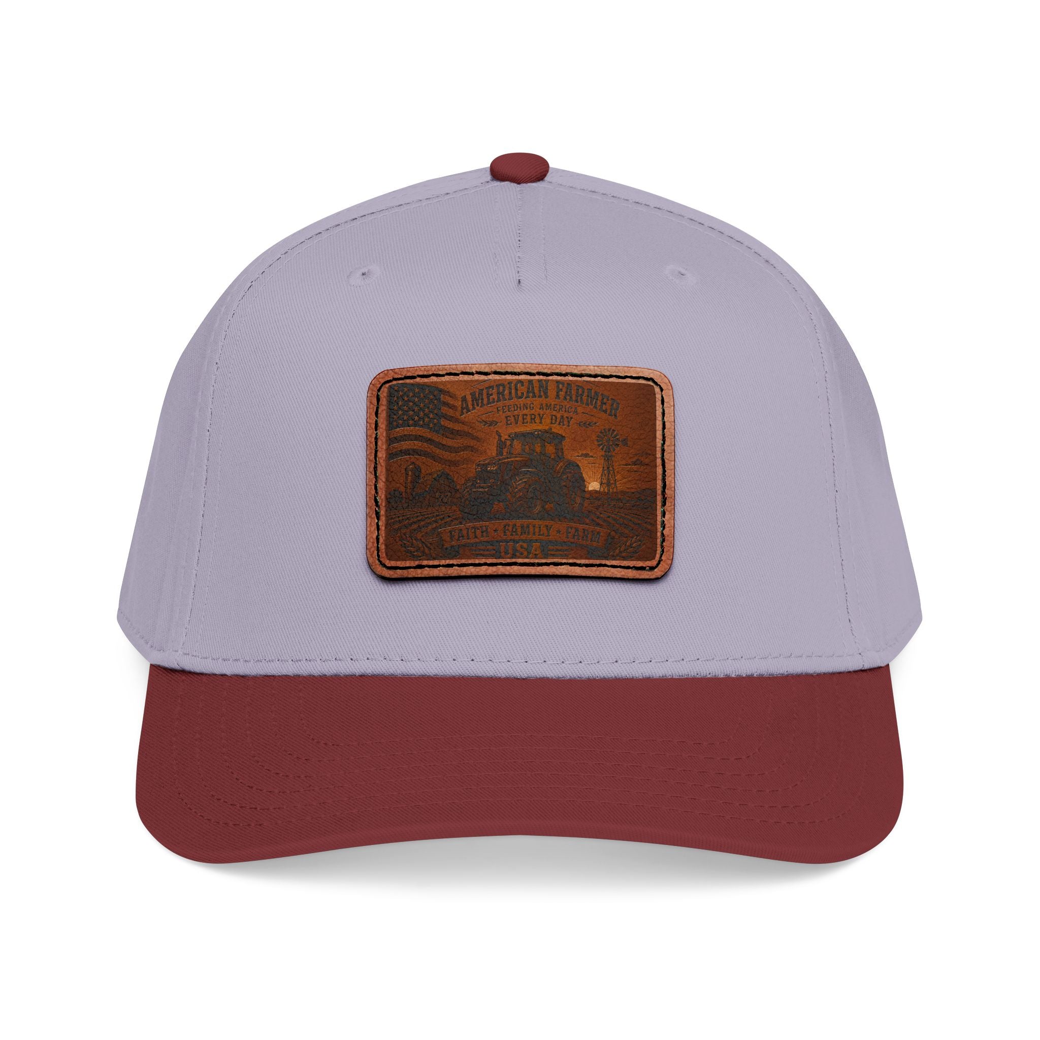 Baseball cap in light gray with red brim and rectangular leather patch on front