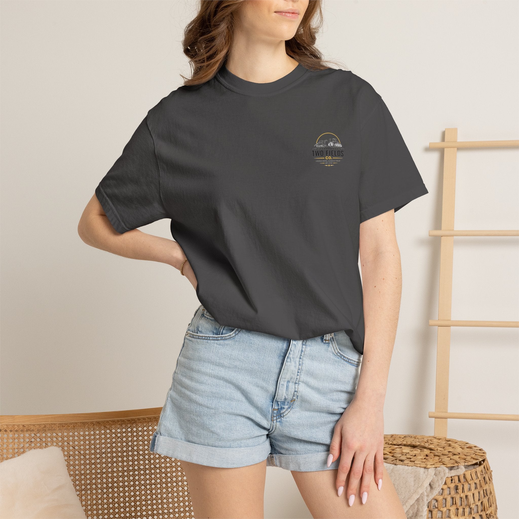 Dark gray crew-neck T-shirt with small Two Fields Co. chest logo
