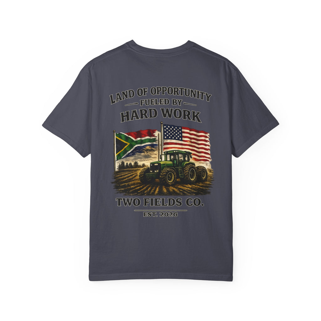 Dark short-sleeve T-shirt with tractor graphic and "Two Fields Co." text