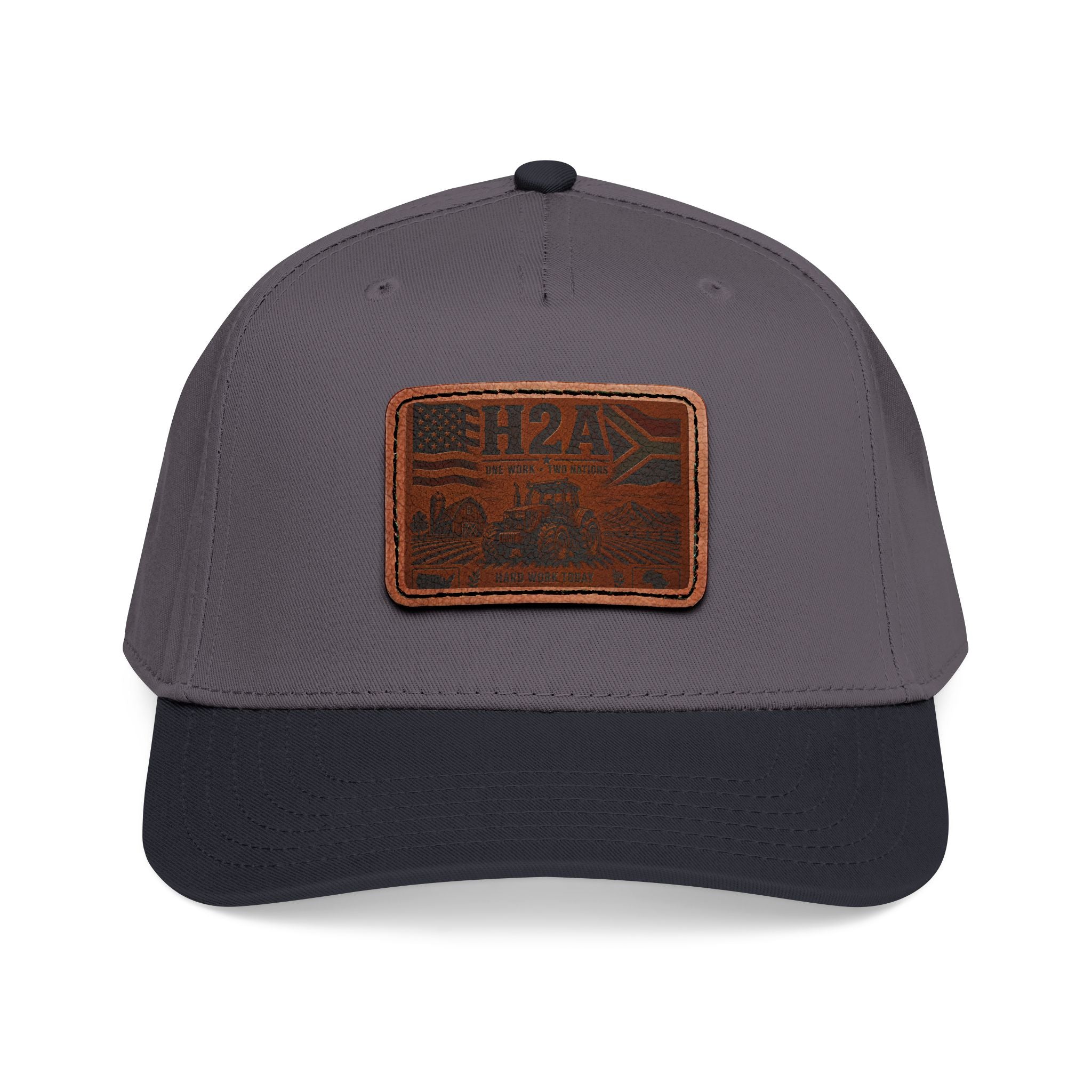 Grey baseball cap with rectangular H2A truck leather patch and dark navy brim