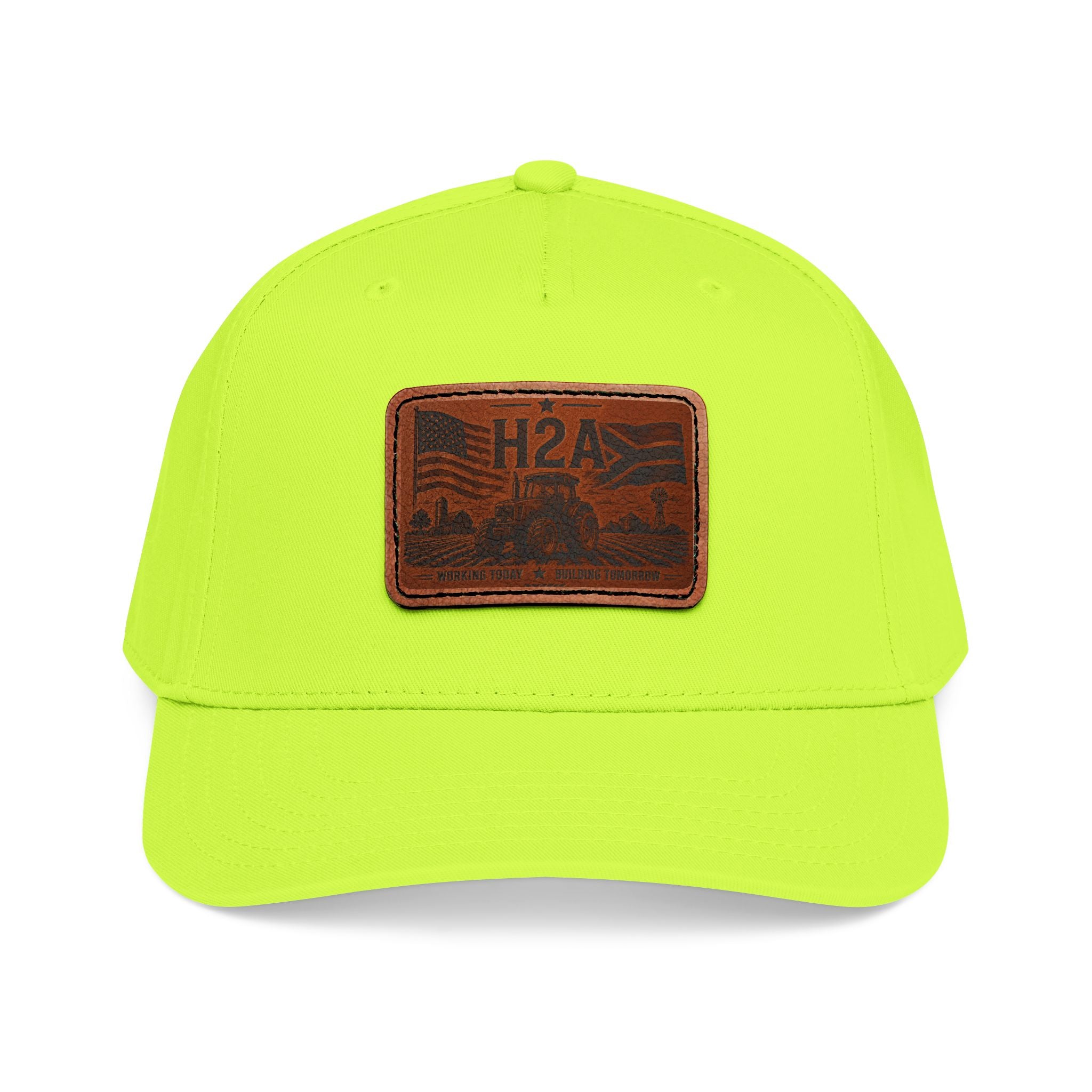 Leather patch baseball cap, neon yellow-green crown and brim with rectangle H2A patch