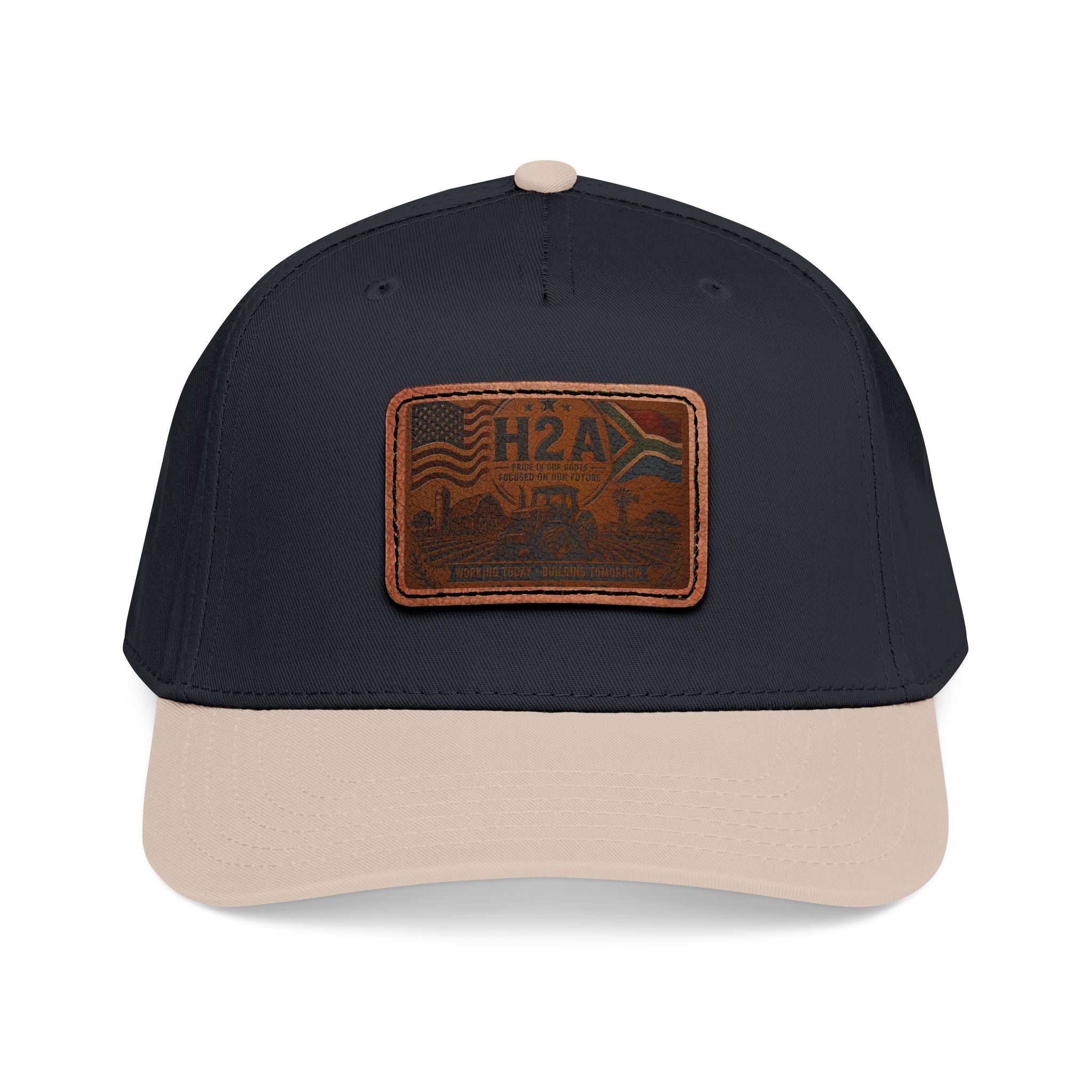 Two-tone baseball cap with H2A leather-style rectangle patch, dark navy crown and light tan brim