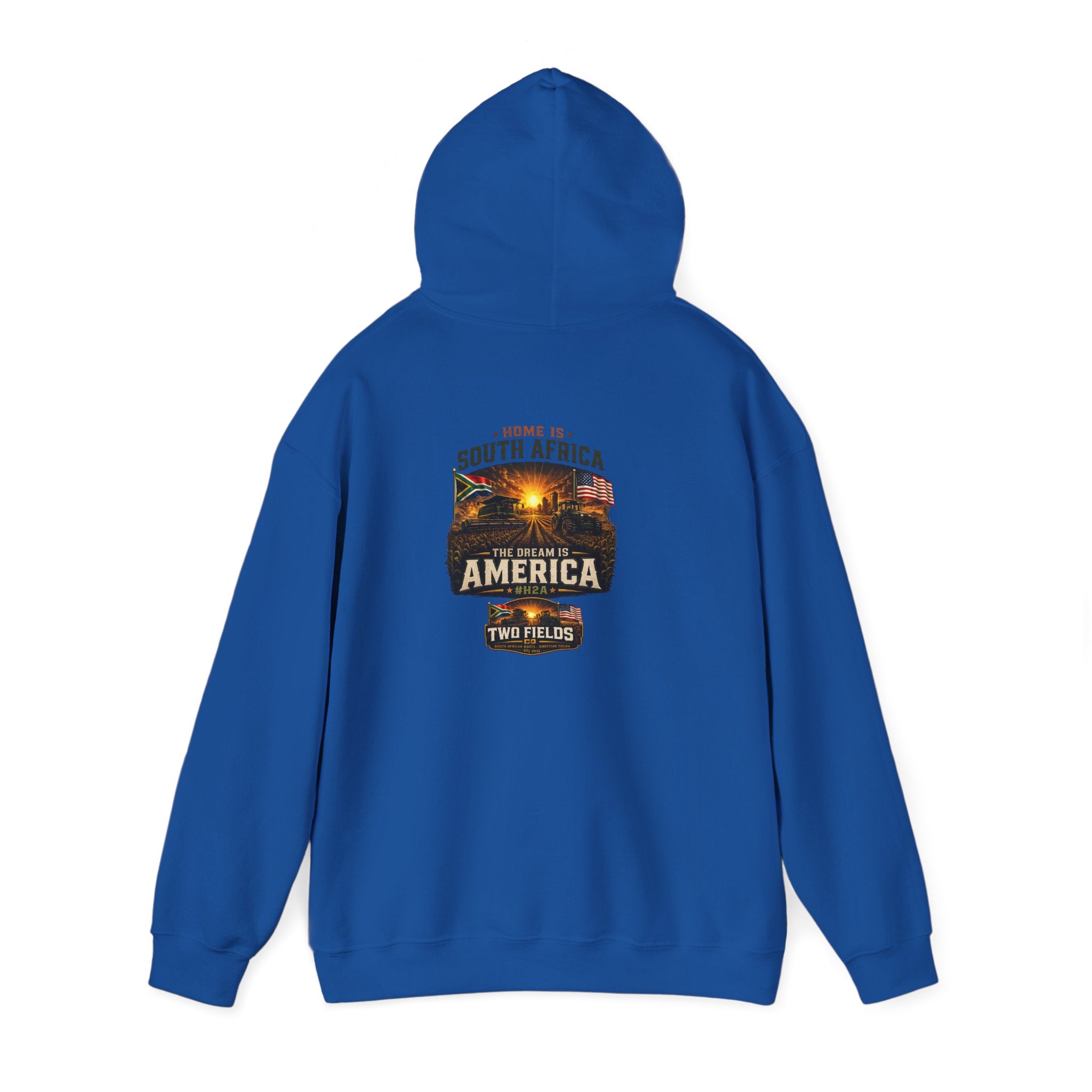 Royal blue pullover hoodie with back graphic print, hood up, rear view