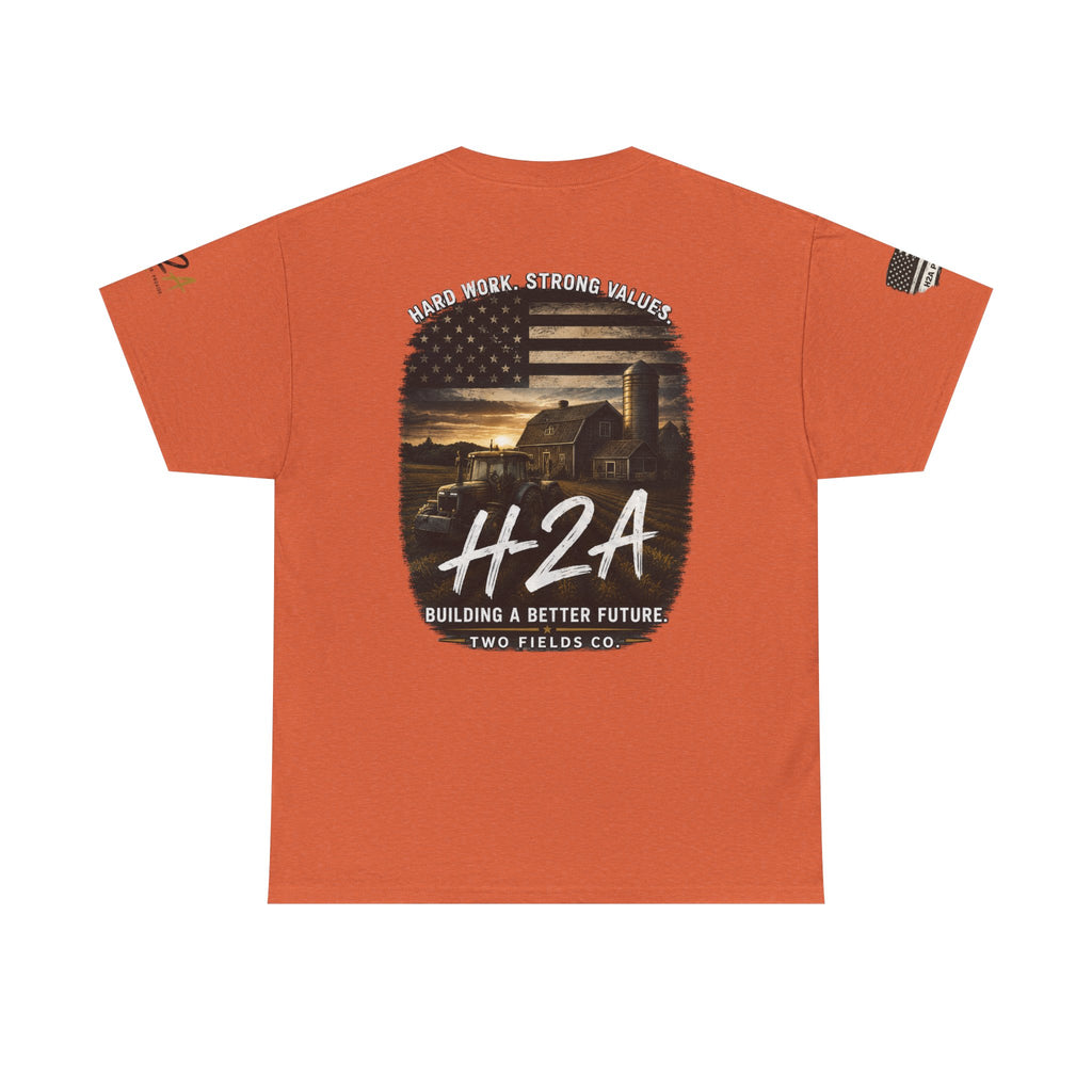 Orange H2A farming T-shirt with large H2A farm graphic on back