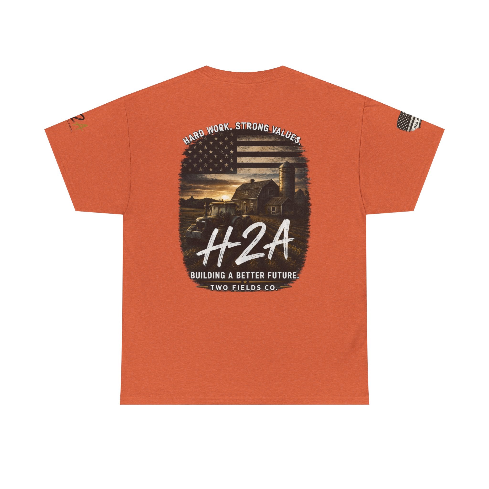 Orange H2A farming T-shirt with large H2A farm graphic on back