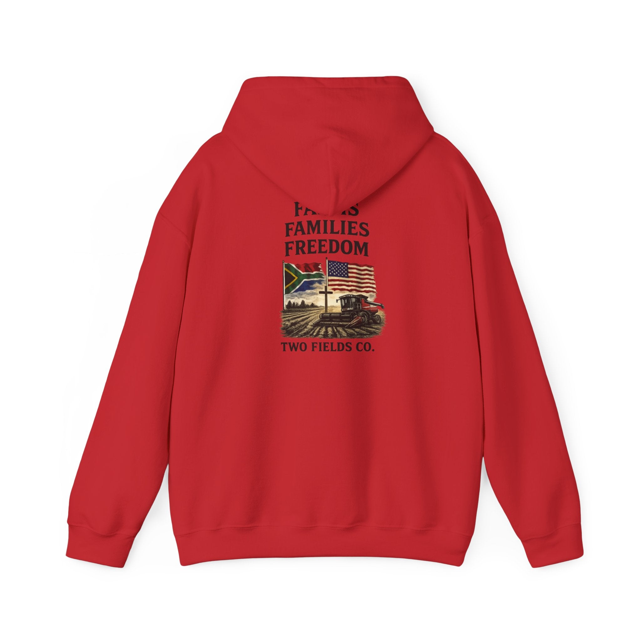 Red pullover hoodie with hood and 'Farms Families Freedom' graphic
