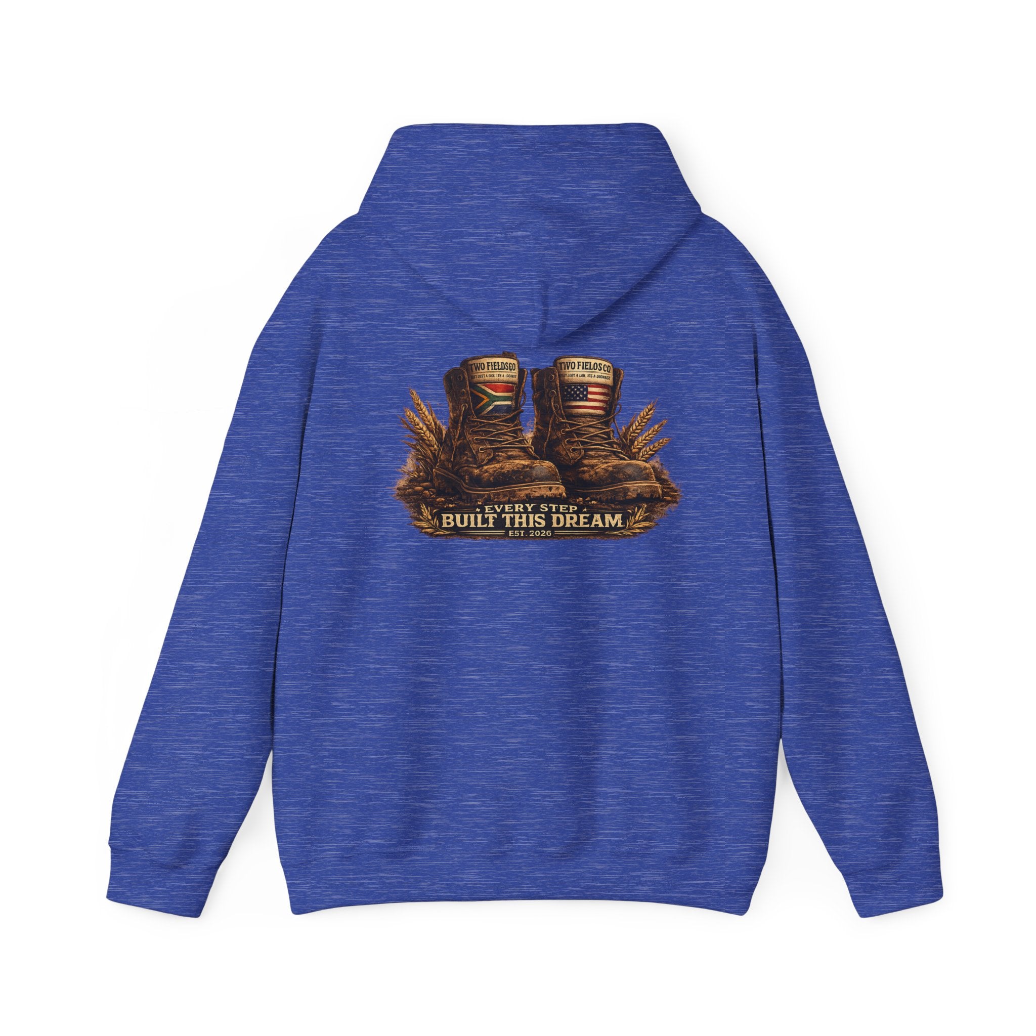 Blue heather zipless hoodie, back graphic of boots with text, and hood drawstring