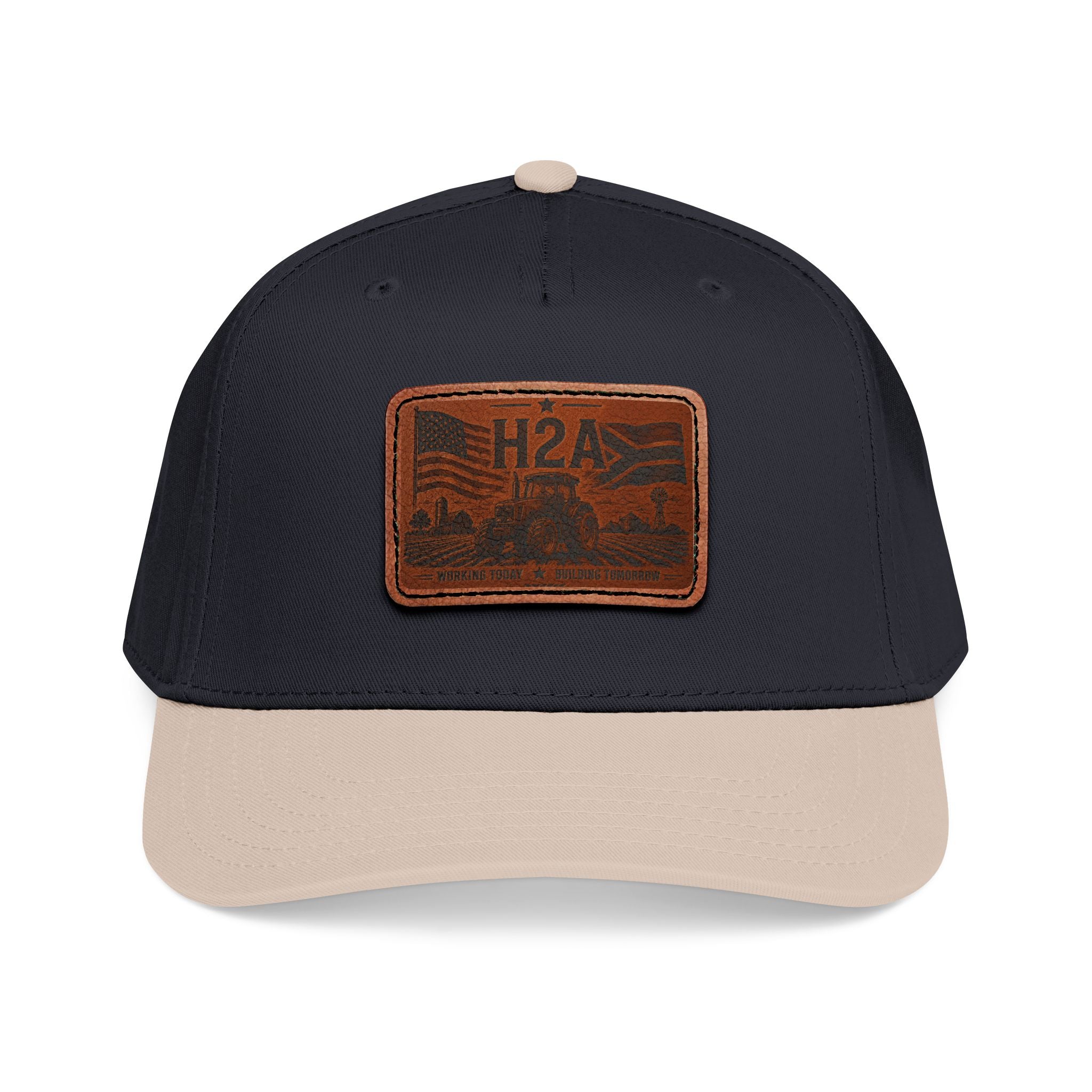 Navy trucker baseball cap with beige brim and brown leather-look H2A patch.