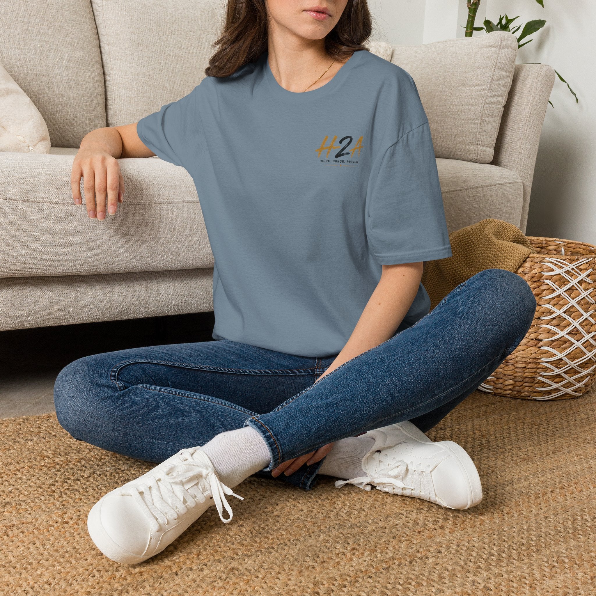 Unisex softstyle T-shirt, medium blue, small H2A logo on front