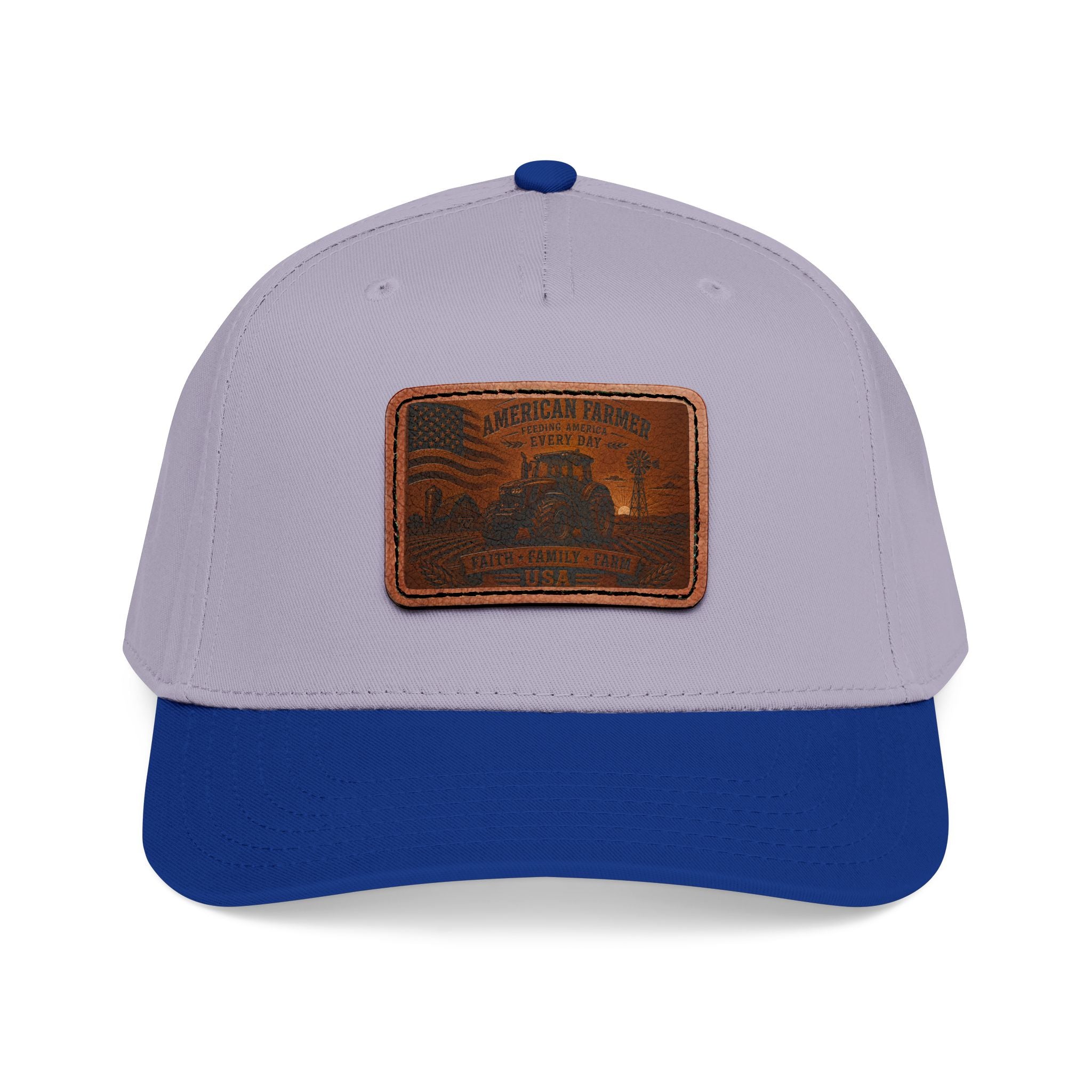 Leather patch baseball cap, light gray crown with blue brim and tan rectangular leather patch