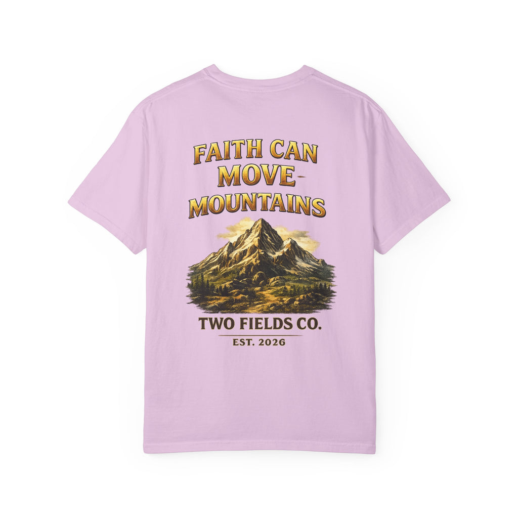 Lilac T-shirt with 'Faith Can Move Mountains' mountain graphic and Two Fields Co. Est 2026