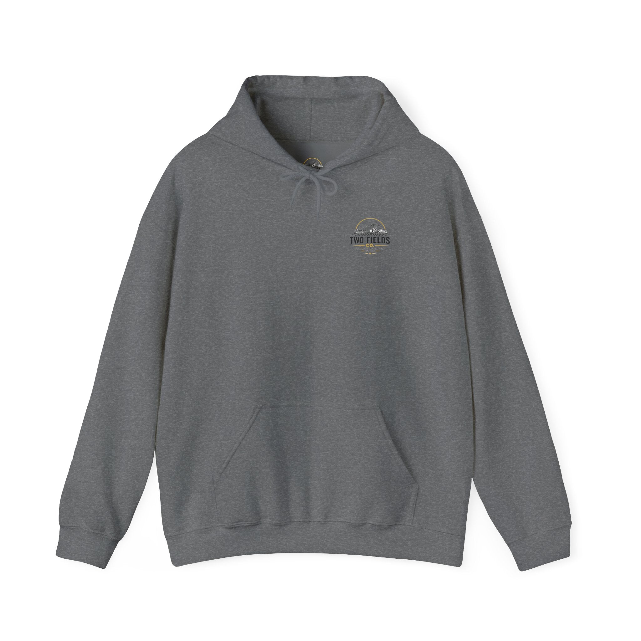 Two Fields Co. vintage tractor hoodie, dark gray heather, front chest logo, drawstring hood