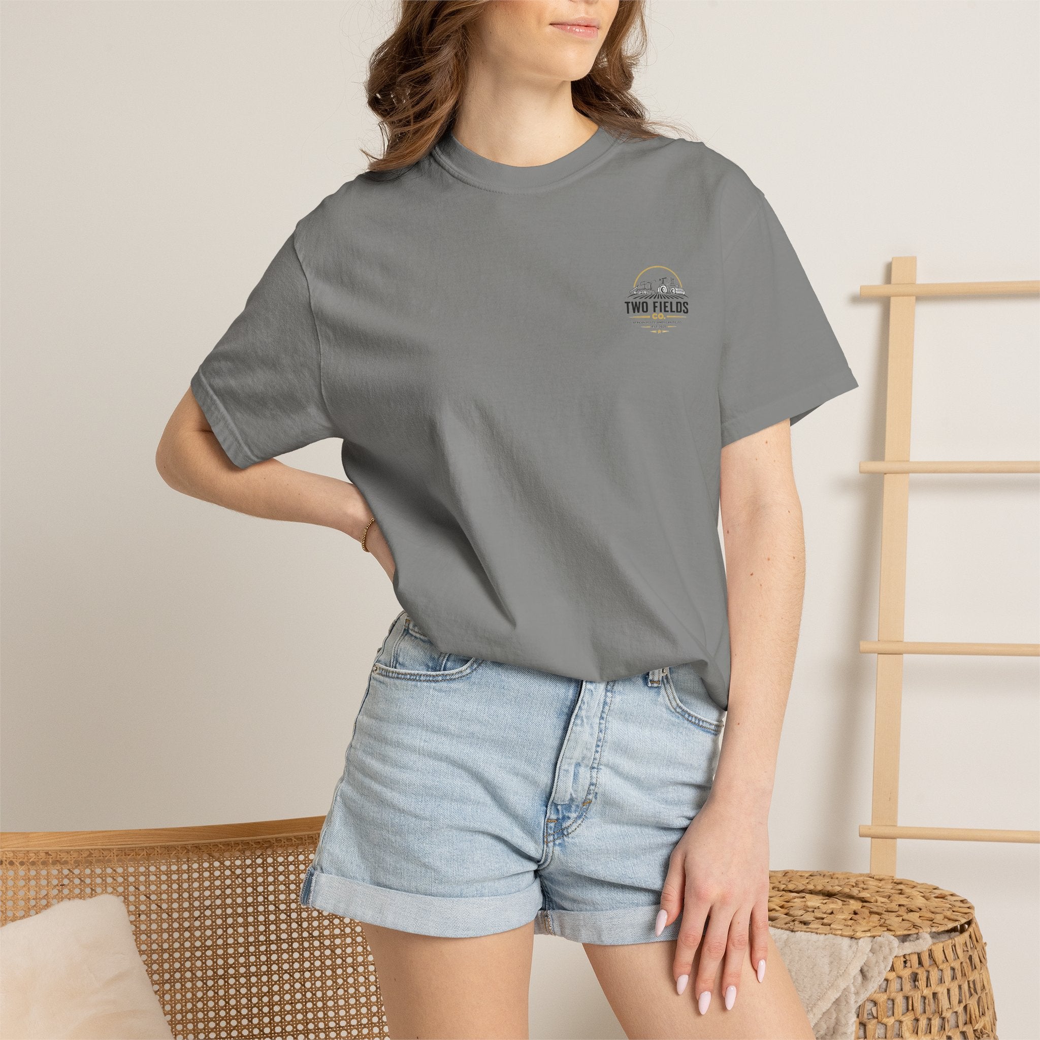 Gray T-shirt on model with small Two Fields Co logo on the chest
