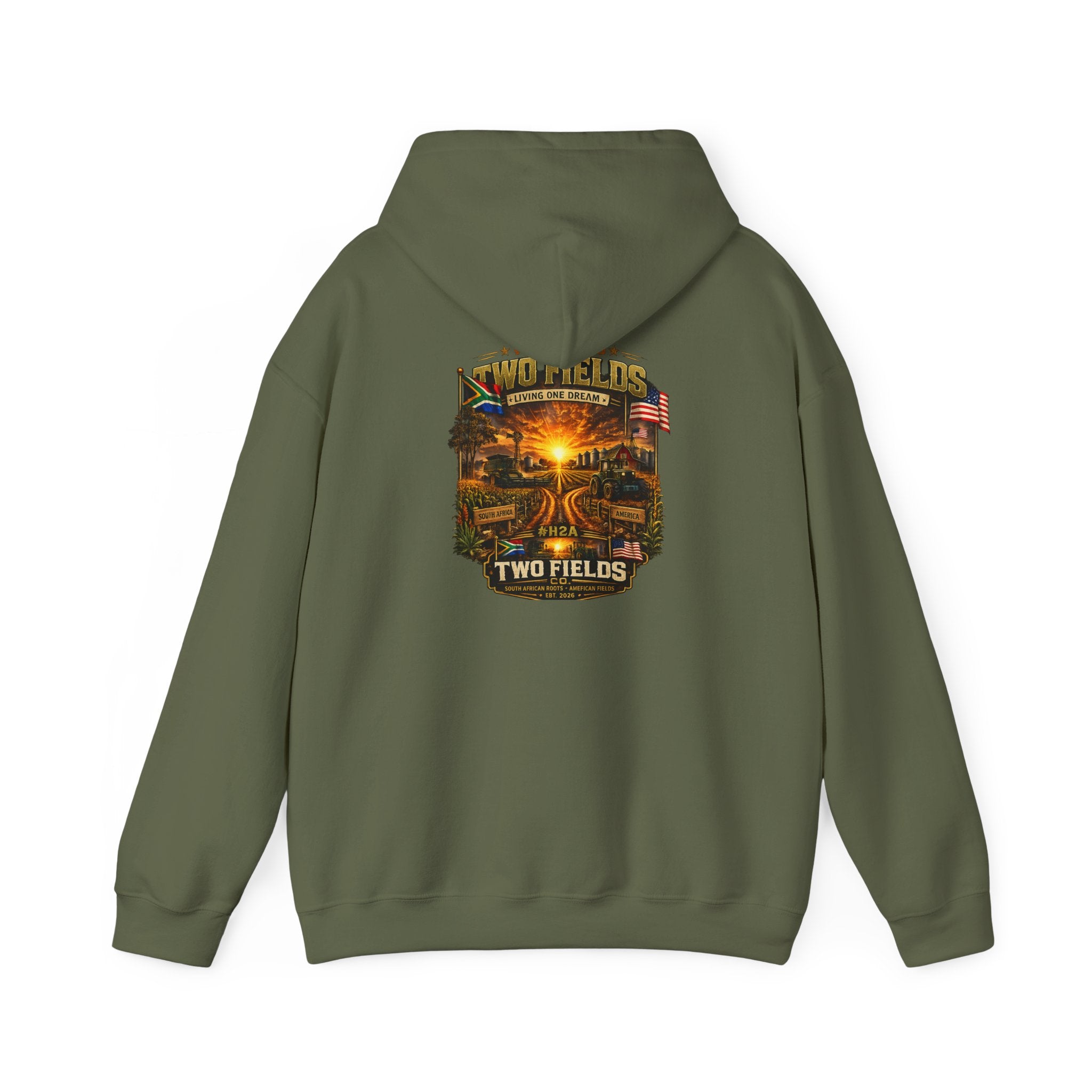 Olive green hoodie with large sunset farm and USA flag style graphic on back