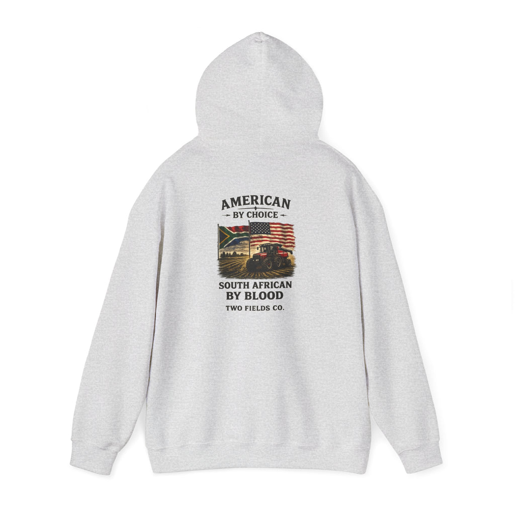 Light grey pullover hoodie, back view with printed logo and slogan