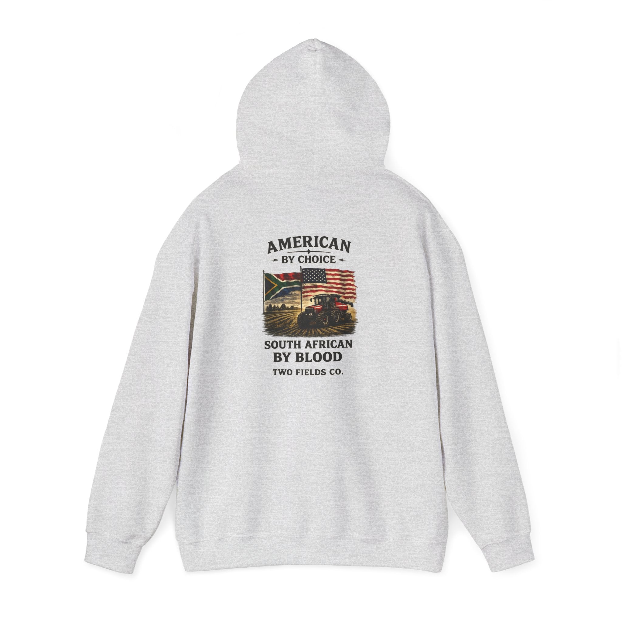 Light grey pullover hoodie, back view with printed logo and slogan