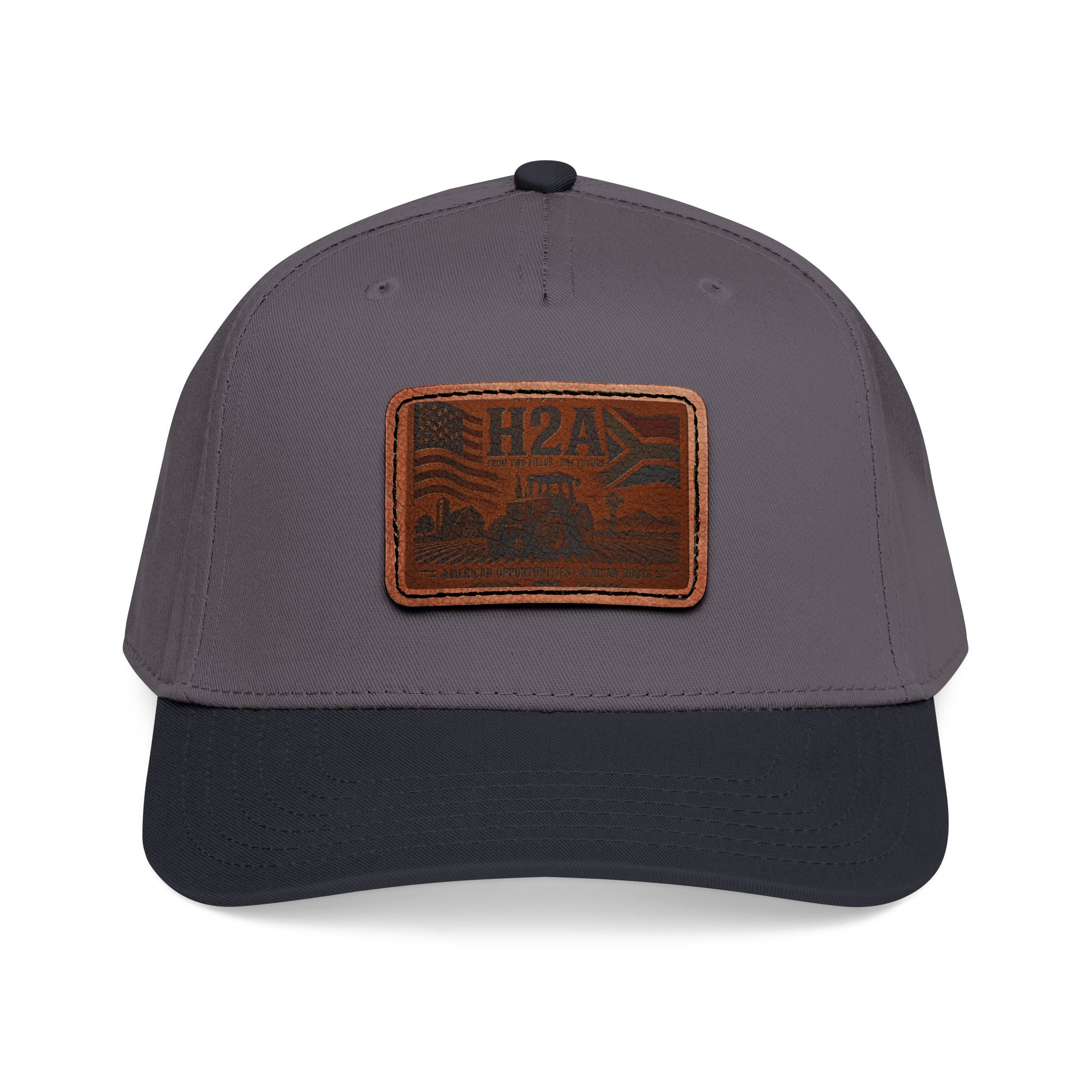 Dark gray baseball cap with rectangular leather H2A patch on the front panel