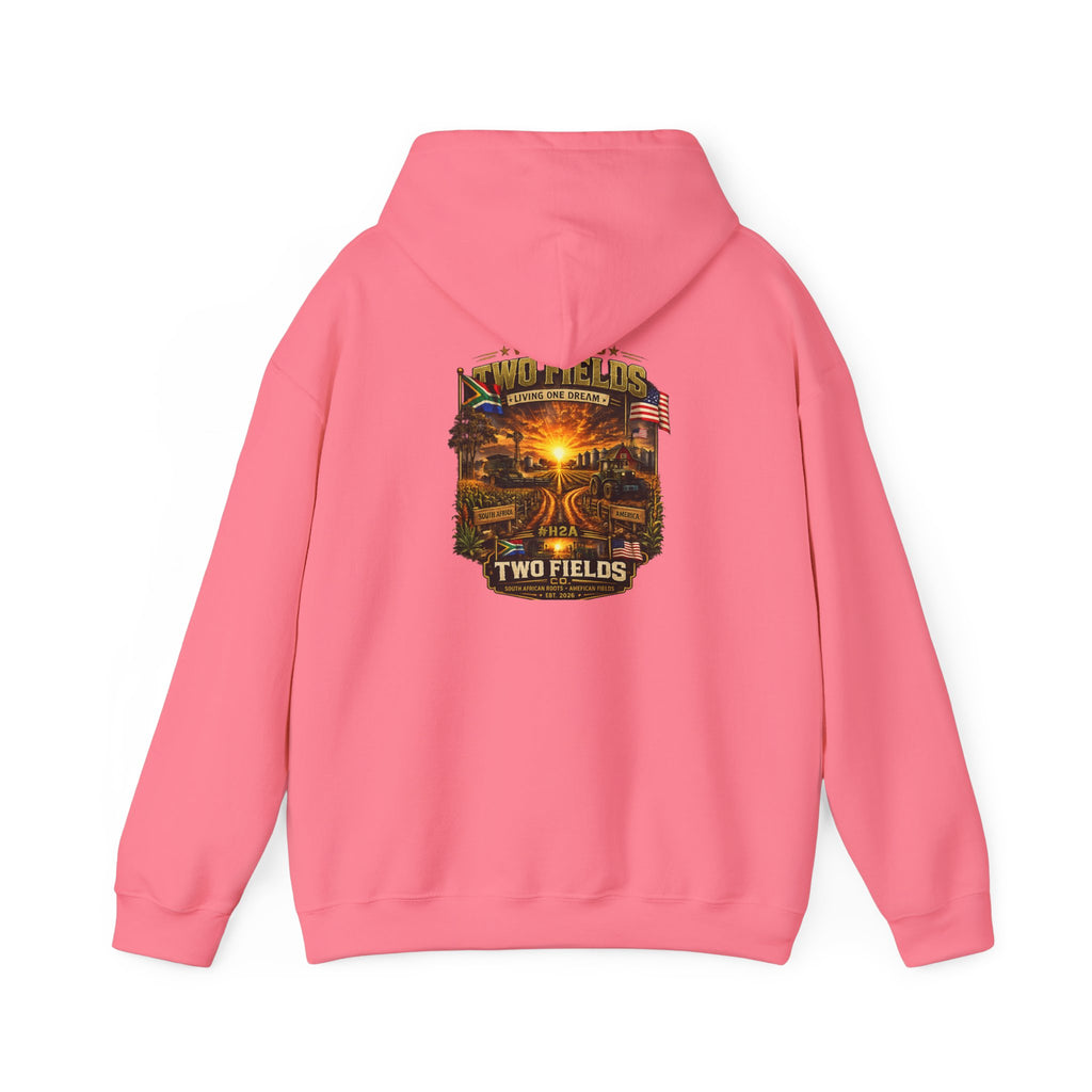 Coral red hoodie with front pocket and scenic farm graphic on chest