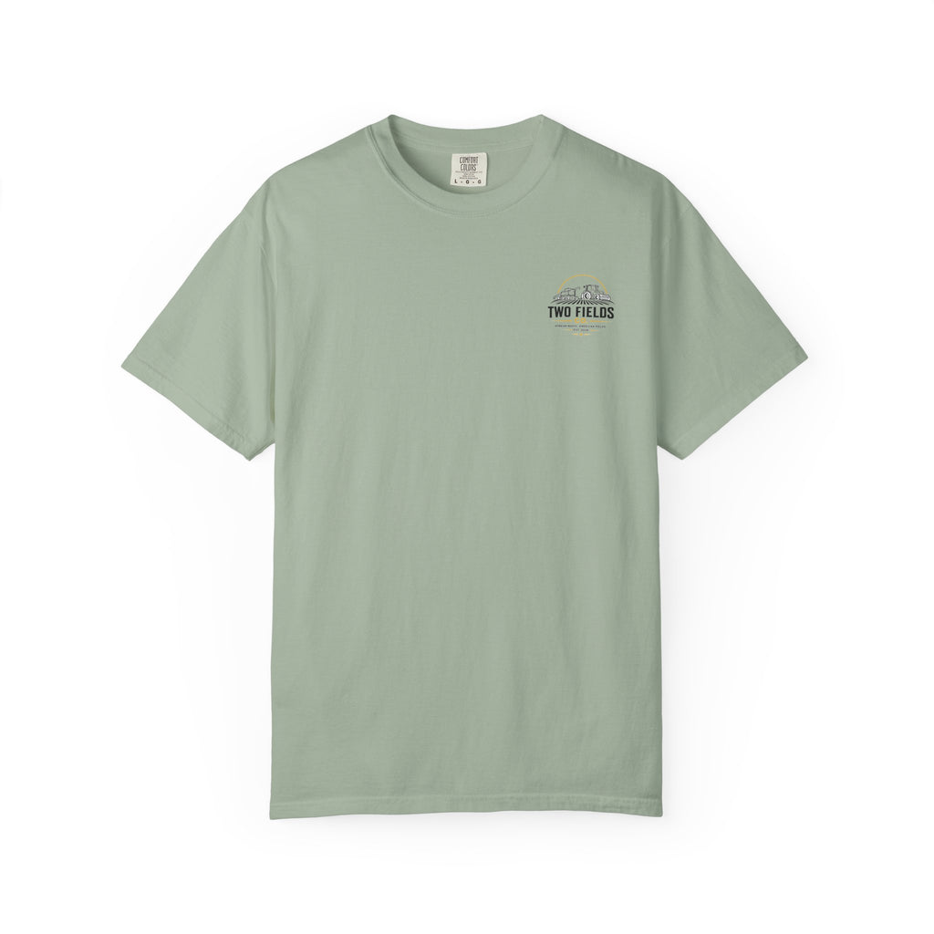 Sage green short-sleeve T-shirt with small Two Fields Co. logo on chest