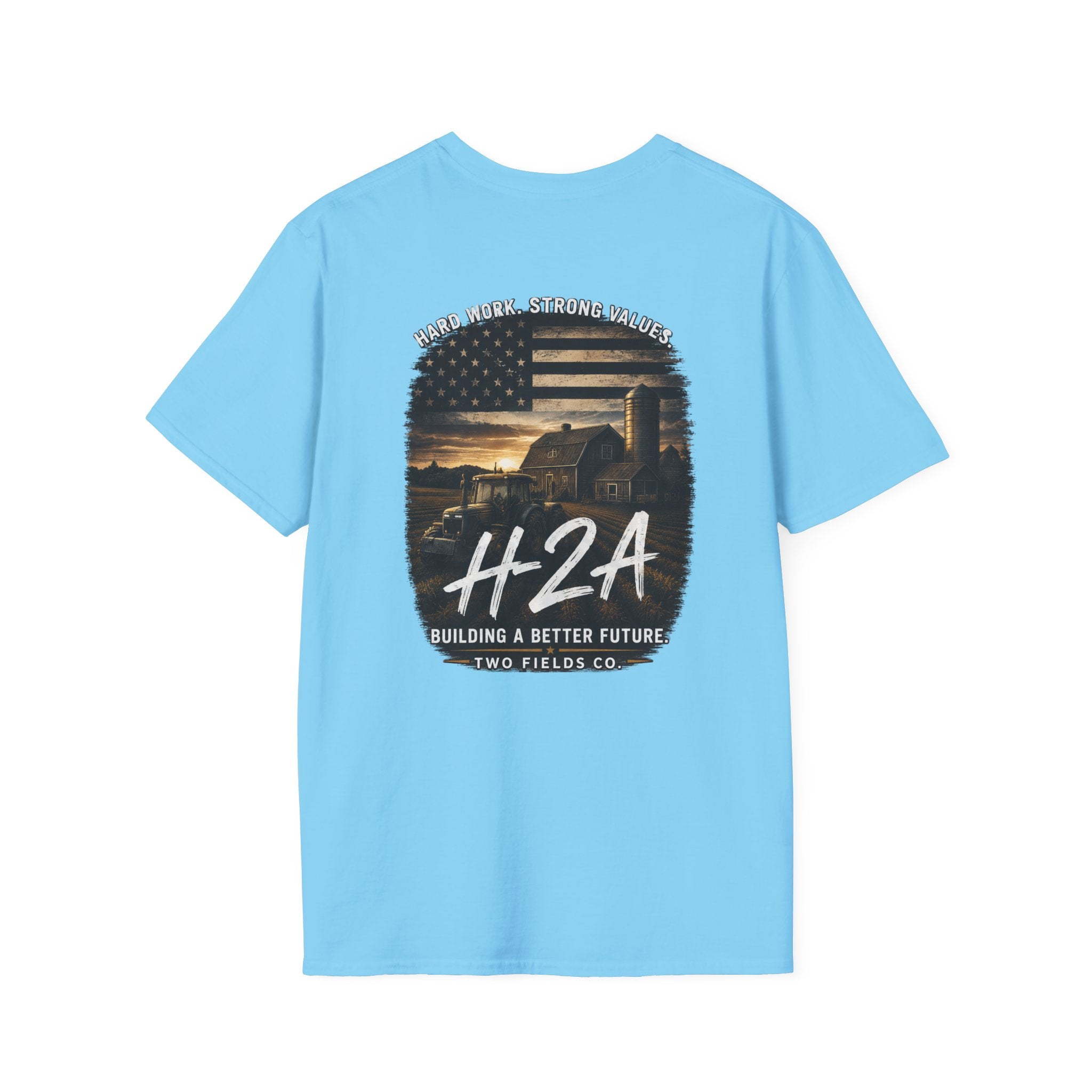Unisex softstyle T-shirt, light blue, large H2A graphic on back