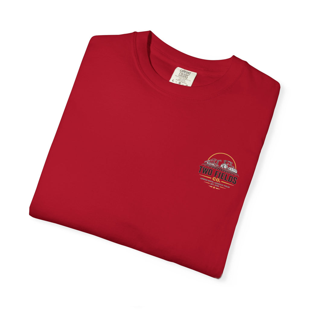 Folded red short-sleeve T-shirt with small Two Fields Co. chest logo