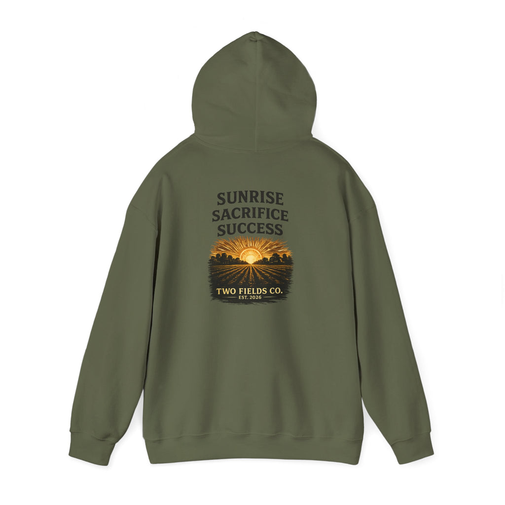 Olive green hooded sweatshirt with back graphic “SUNRISE SACRIFICE SUCCESS”