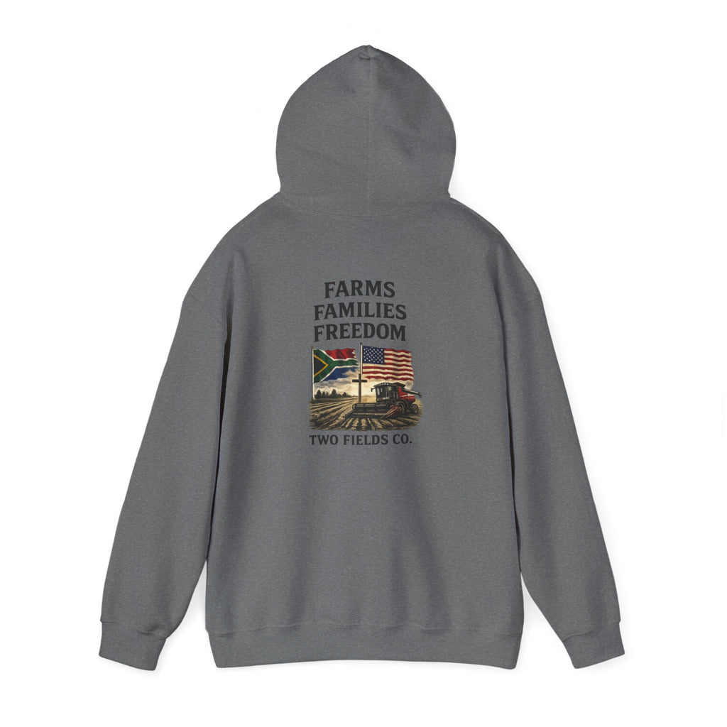 Charcoal pullover hoodie with drawstring hood and back Freedom graphic