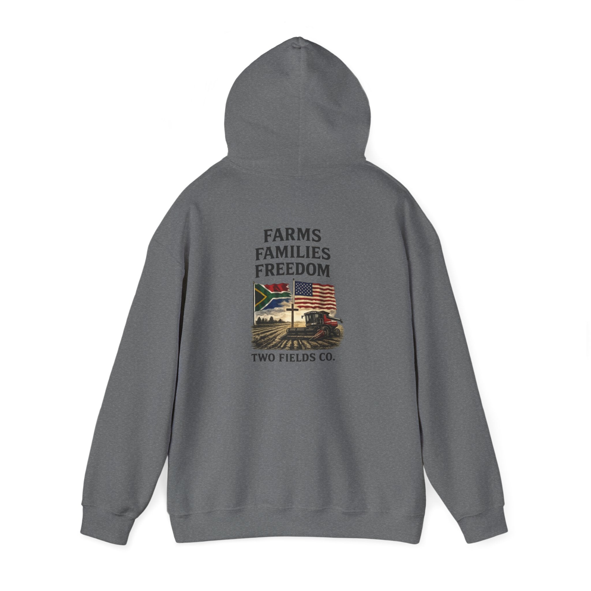 Charcoal pullover hoodie with drawstring hood and back Freedom graphic