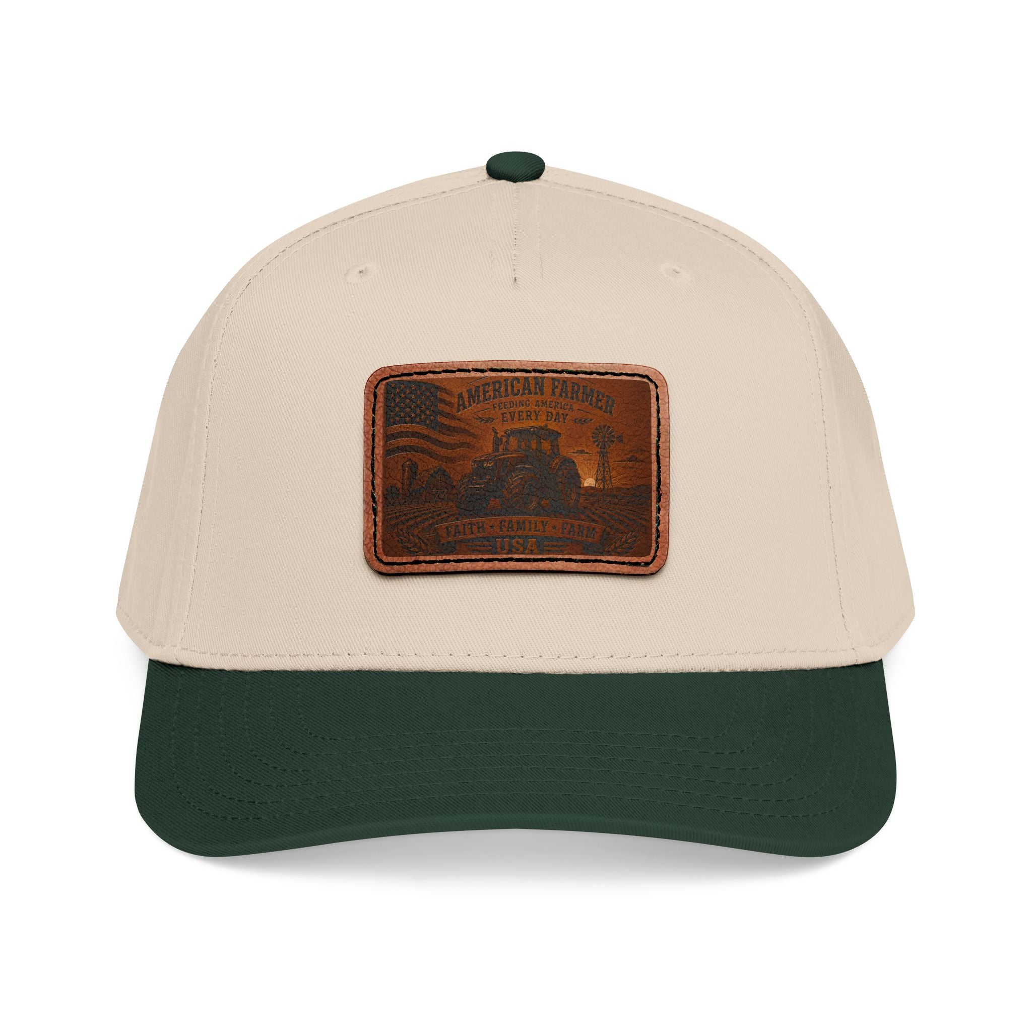Two-tone baseball cap in light beige with dark green brim and leather patch