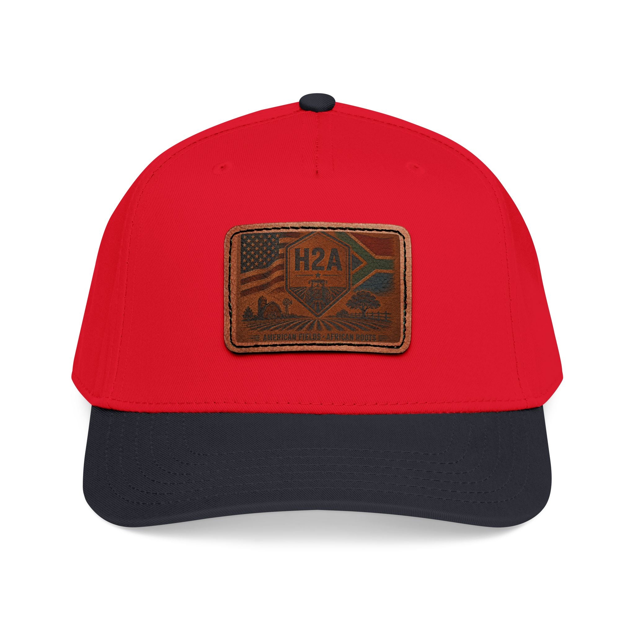 Red and dark baseball cap with rectangle leather patch showing H2A flag design