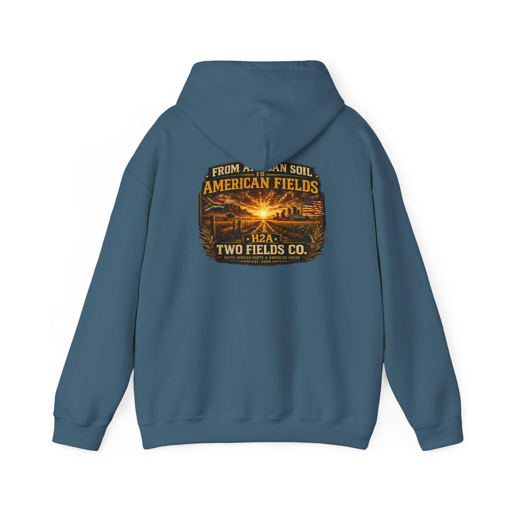 Teal blue hoodie pullover, back view with centered graphic text and image