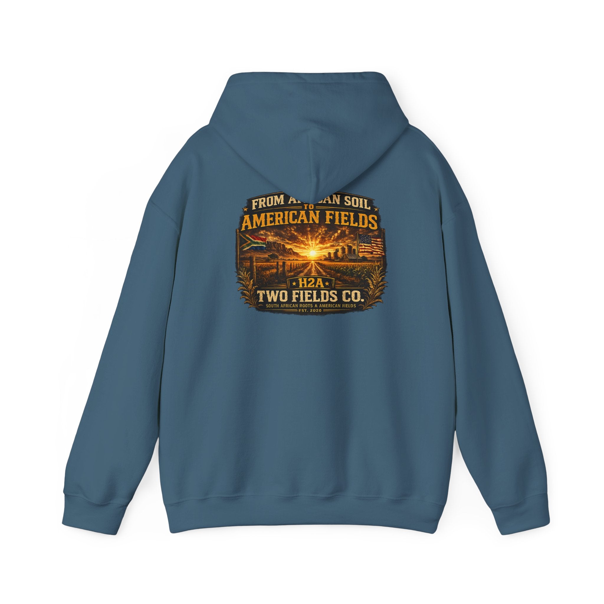Teal blue hoodie pullover, back view with centered graphic text and image