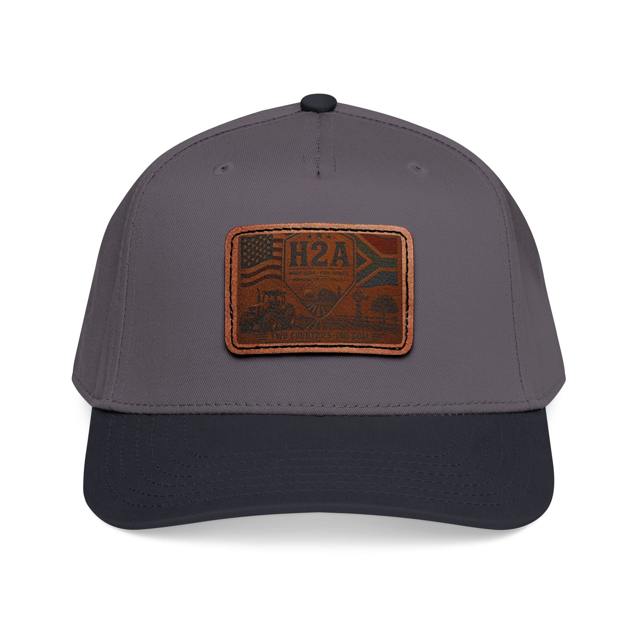 Mid-profile baseball cap in charcoal with a rectangular leather H2A vintage flag patch
