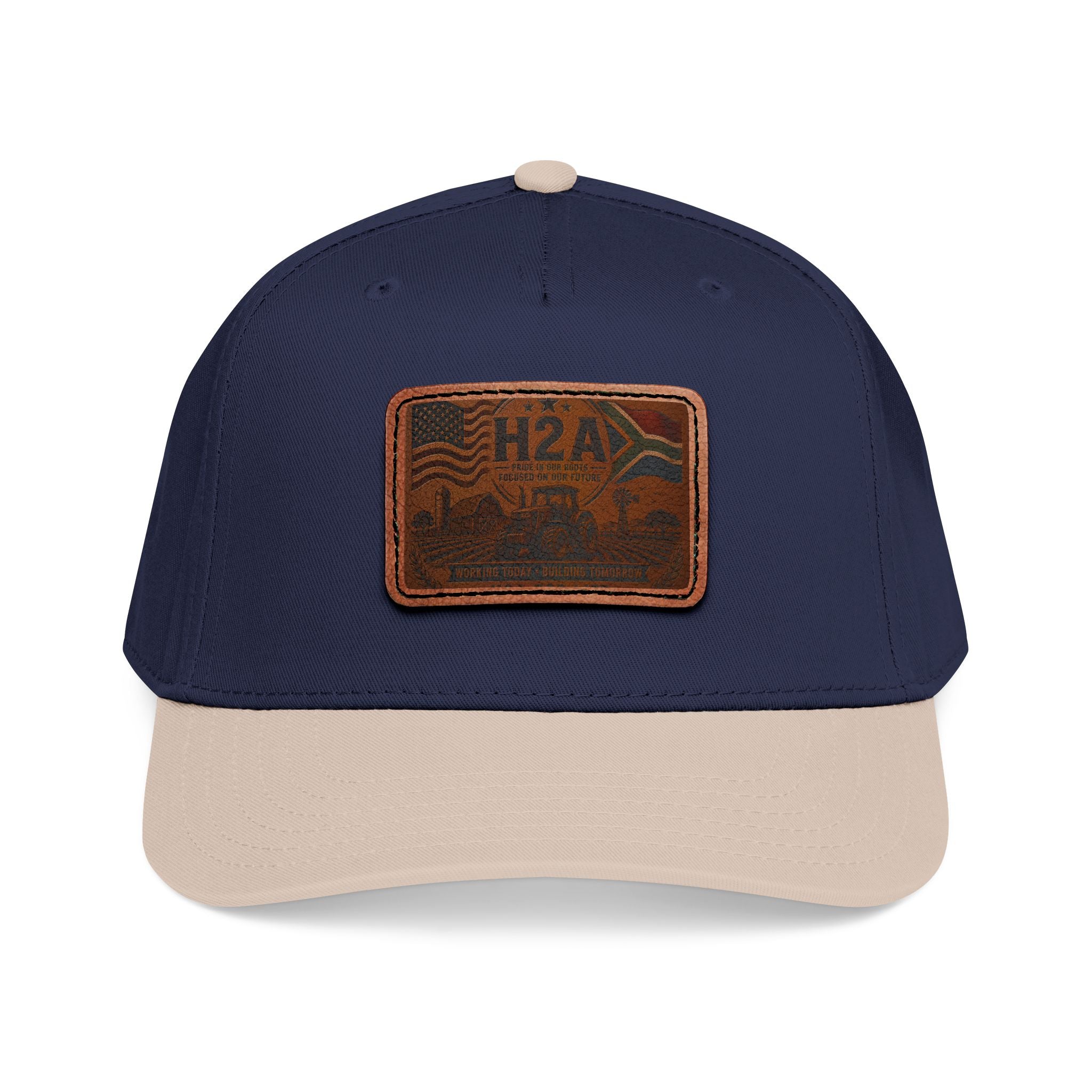 Two-tone baseball cap with H2A leather-style rectangle patch, dark navy crown and light tan brim