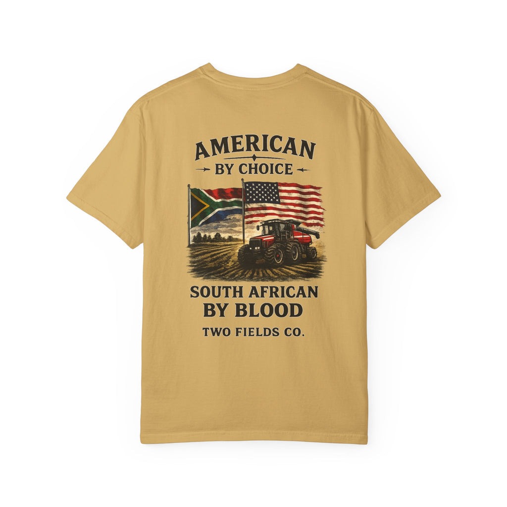 Mustard graphic t-shirt with large front text and American flag tractor print
