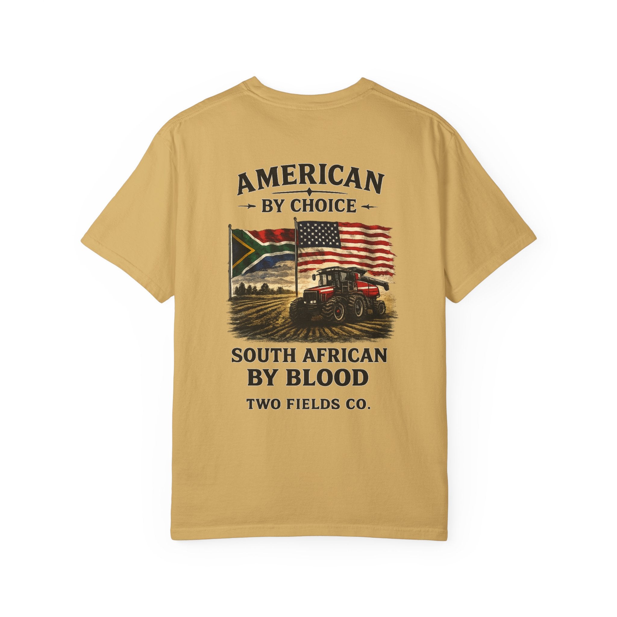 Mustard graphic t-shirt with large front text and American flag tractor print