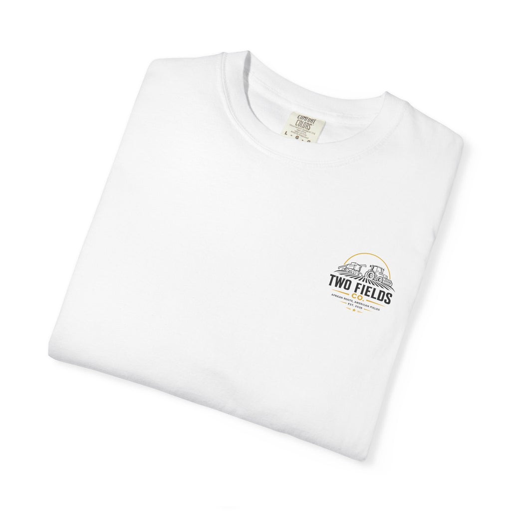 White family farm graphic T-shirt with small chest logo and tag