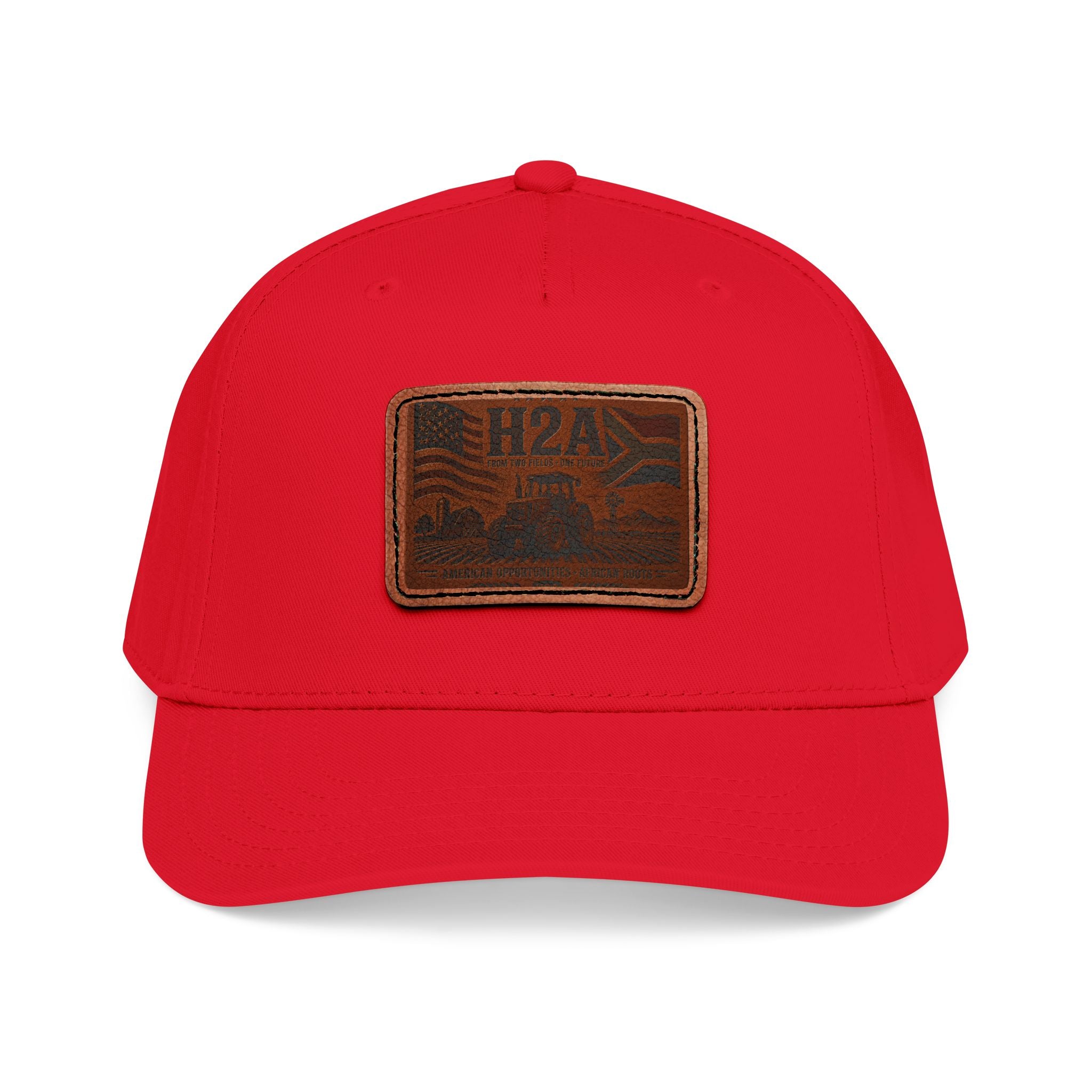 Red baseball cap with light brown rectangular patch logo on the front