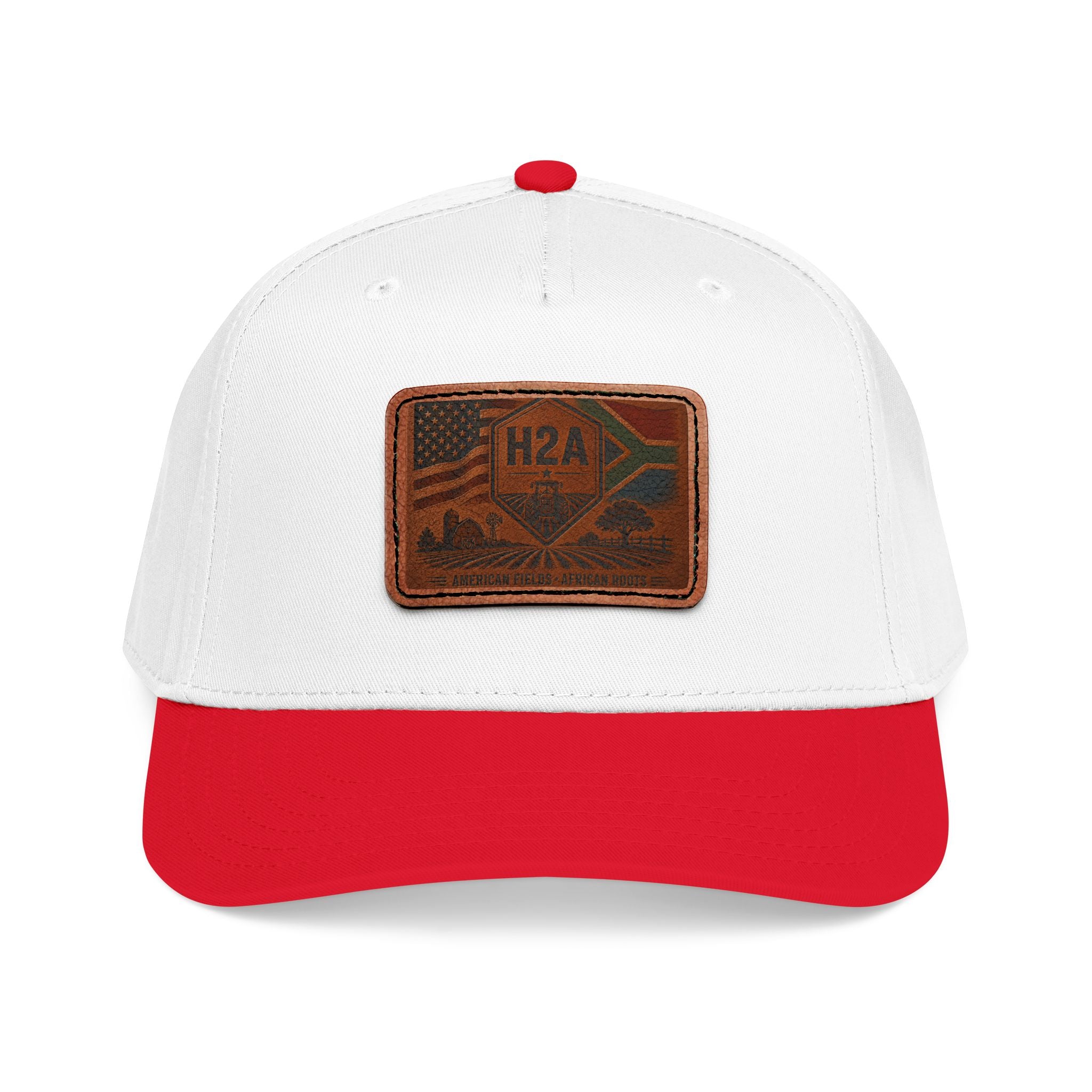 White and red baseball cap with rectangle leather patch featuring H2A flag design