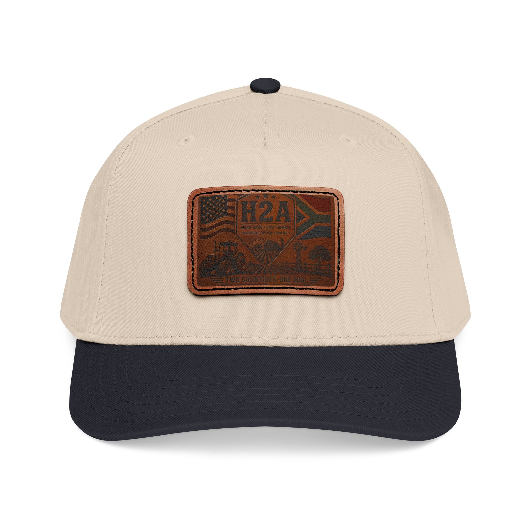 Two-tone leather patch baseball cap in khaki with dark navy brim and H2A logo patch