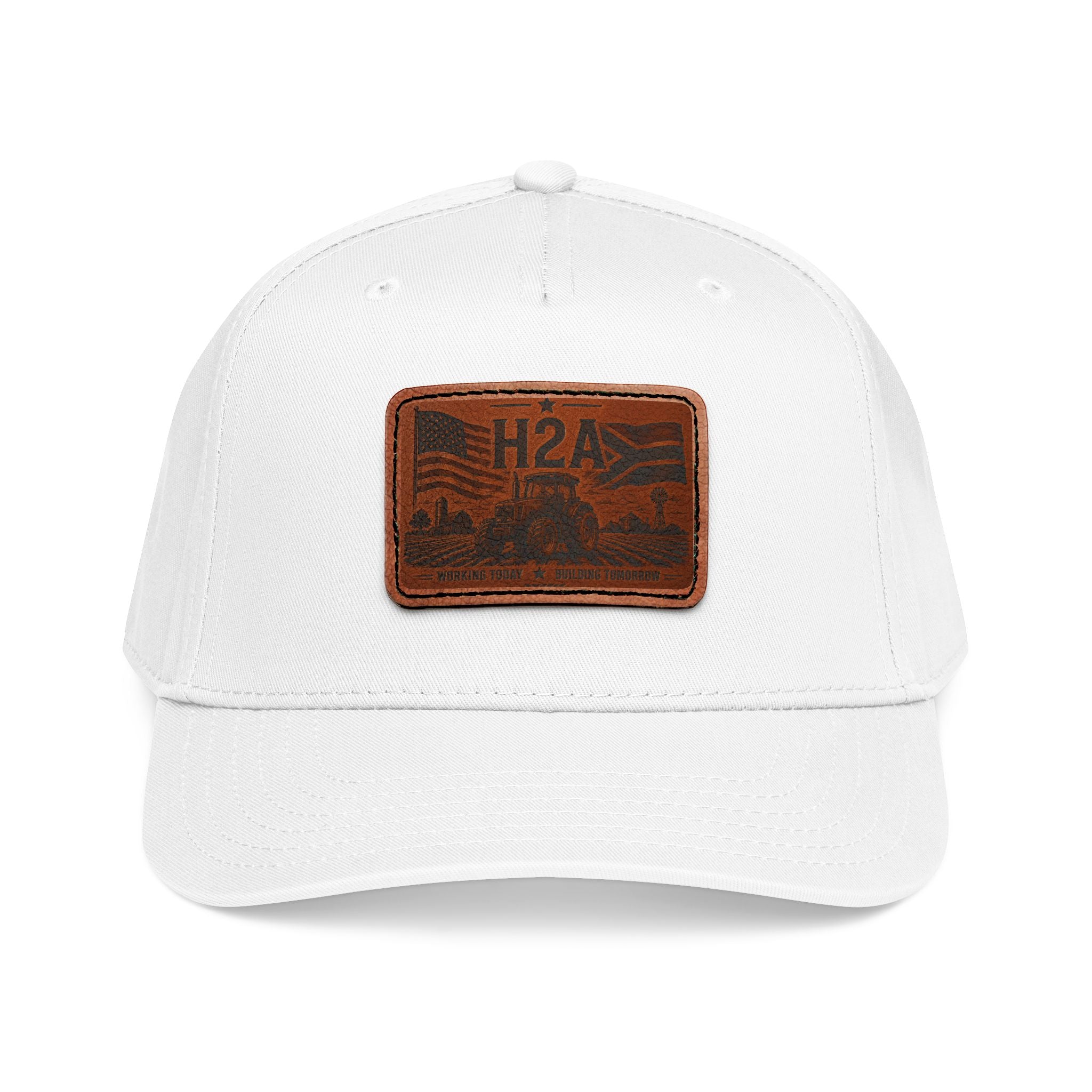 White trucker baseball cap with brown leather-look H2A patch and matching white brim.