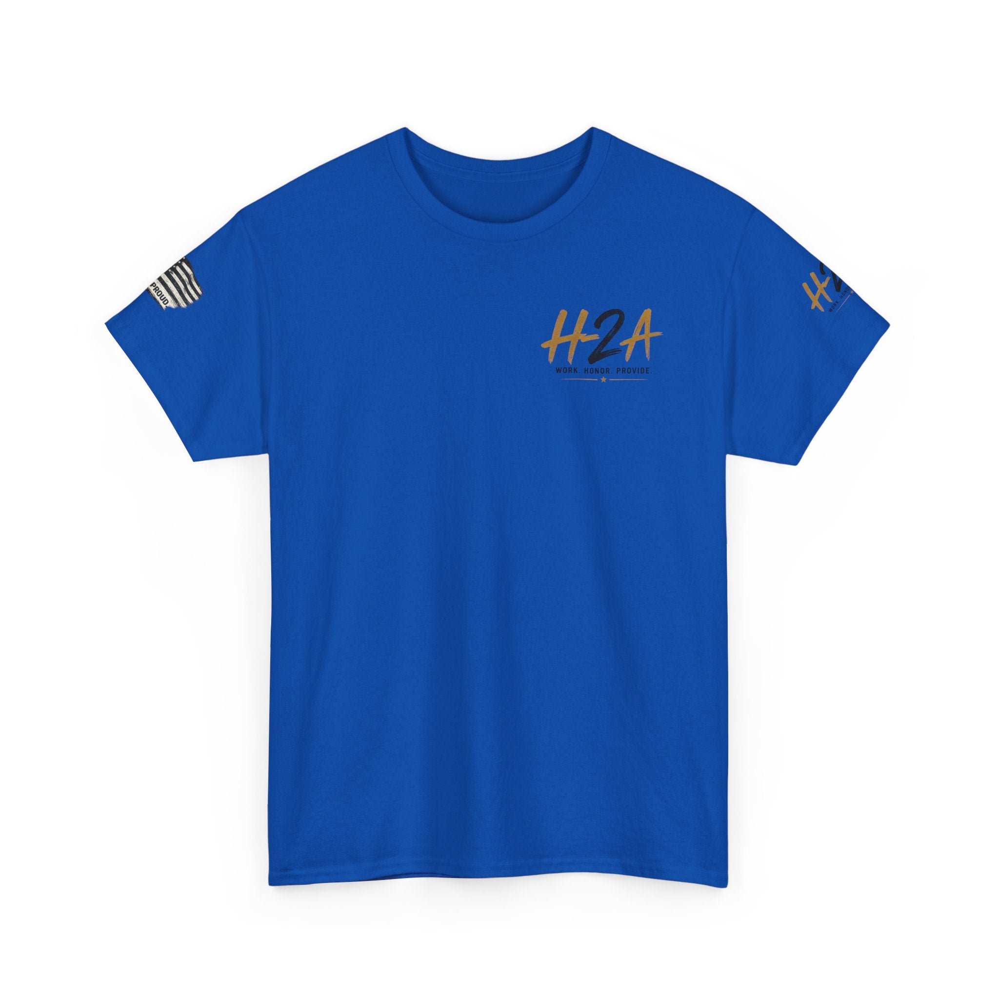 Blue farming T-shirt with small H2A chest logo and sleeve flag patch