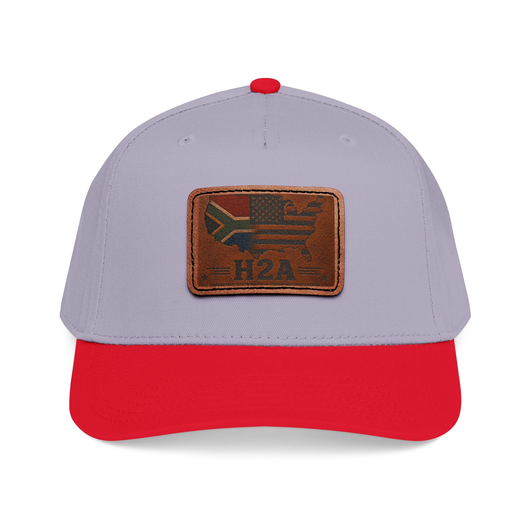 Light gray and red baseball cap with rectangular H2A flag leather patch on front