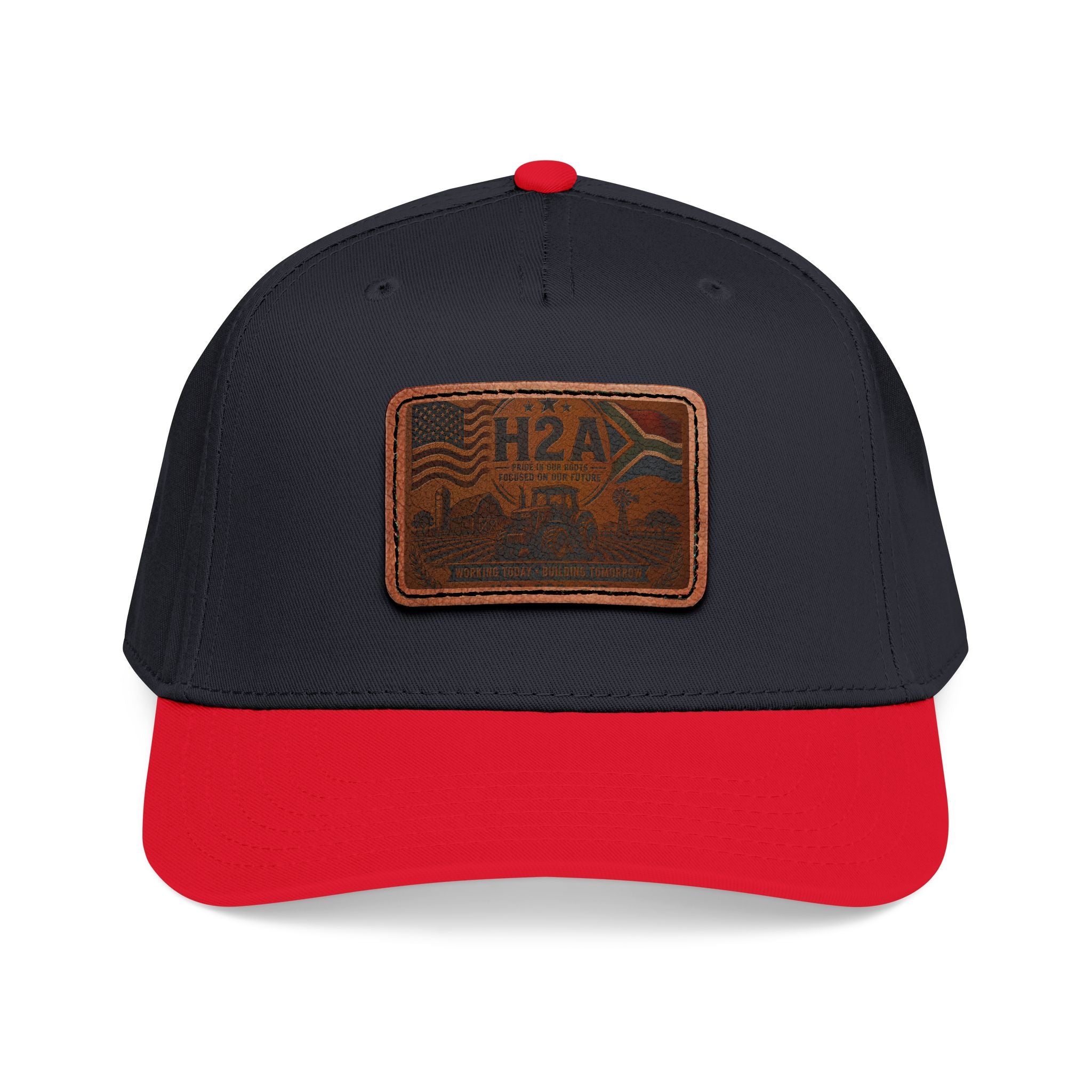 Navy-and-red baseball cap with rectangular H2A leather patch