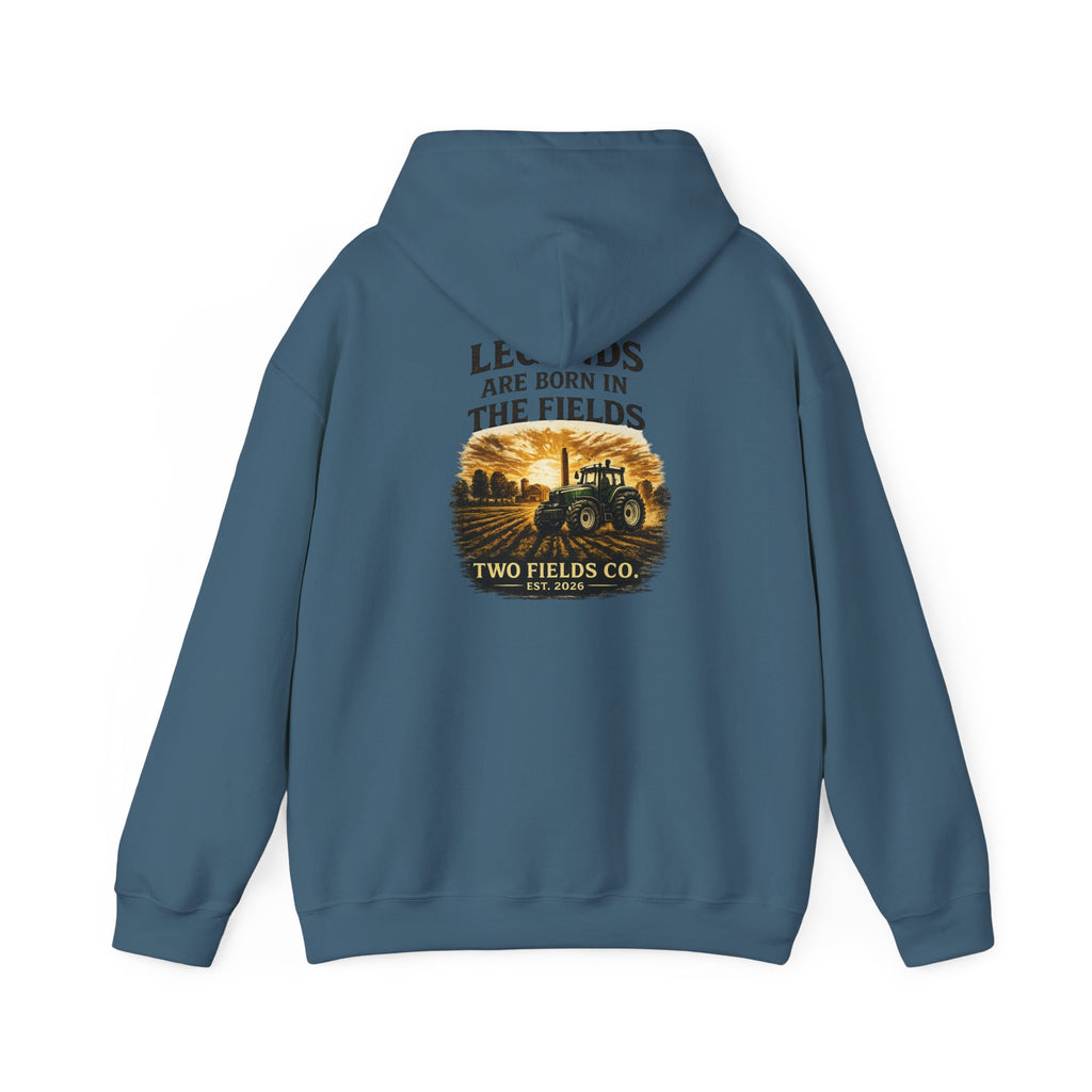 Teal pullover hoodie with tractor scene graphic on back center