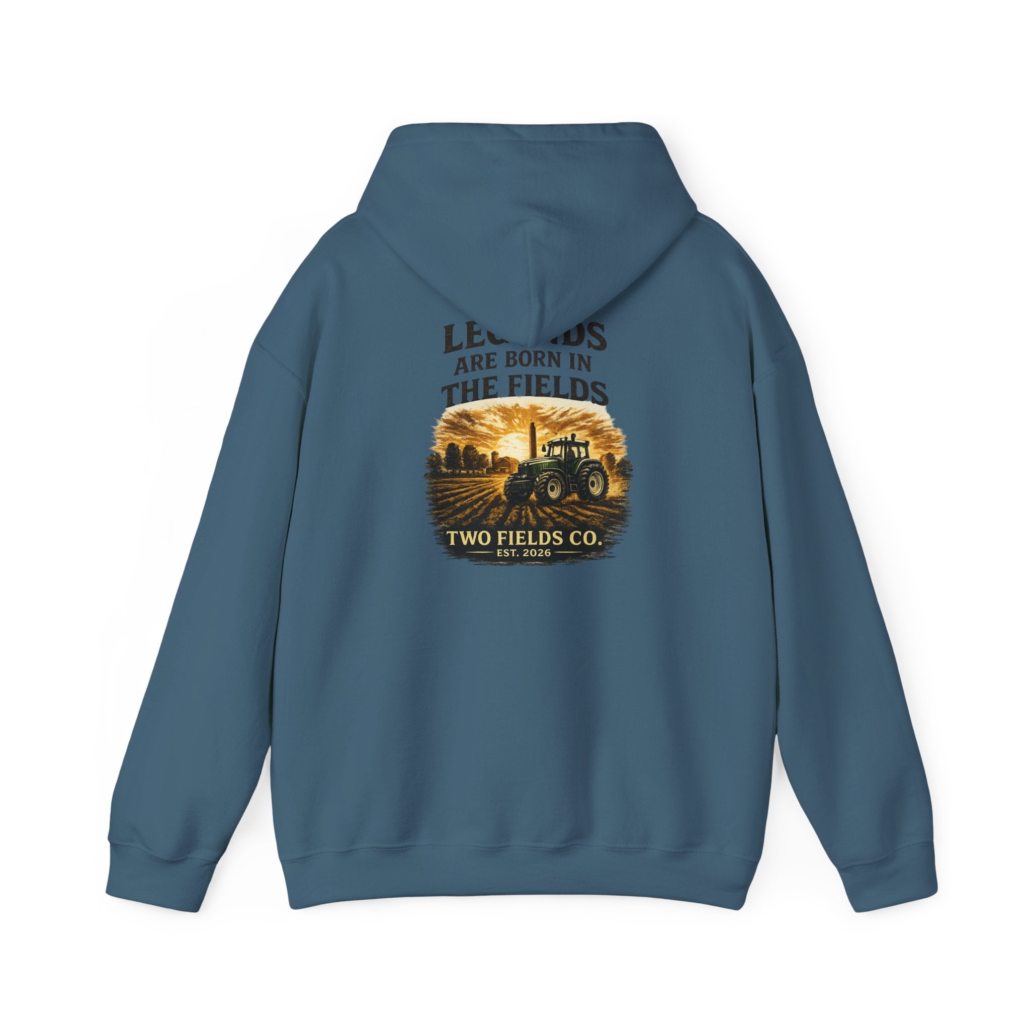 Teal pullover hoodie with tractor scene graphic on back center