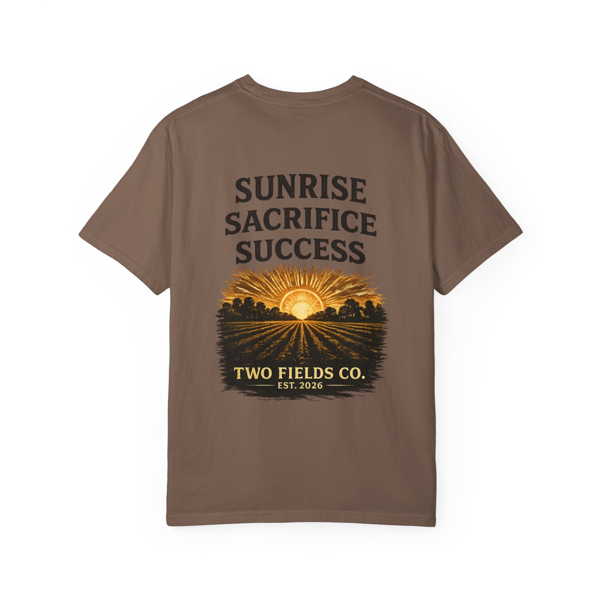 Brown crewneck graphic T-shirt with “Sunrise Sacrifice Success” and sunrise scene.