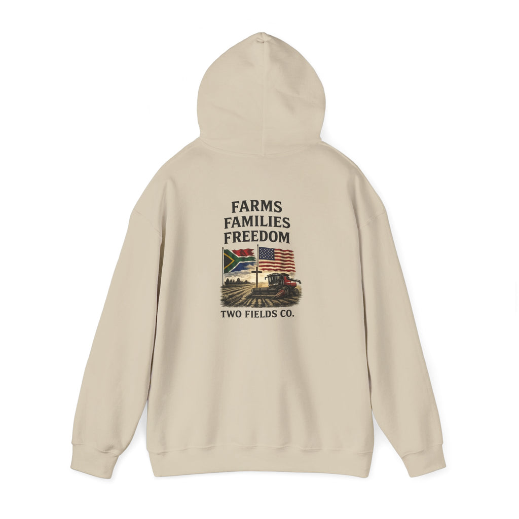Beige pullover hoodie with back graphic text and landscape, hooded silhouette, Two Fields Co.